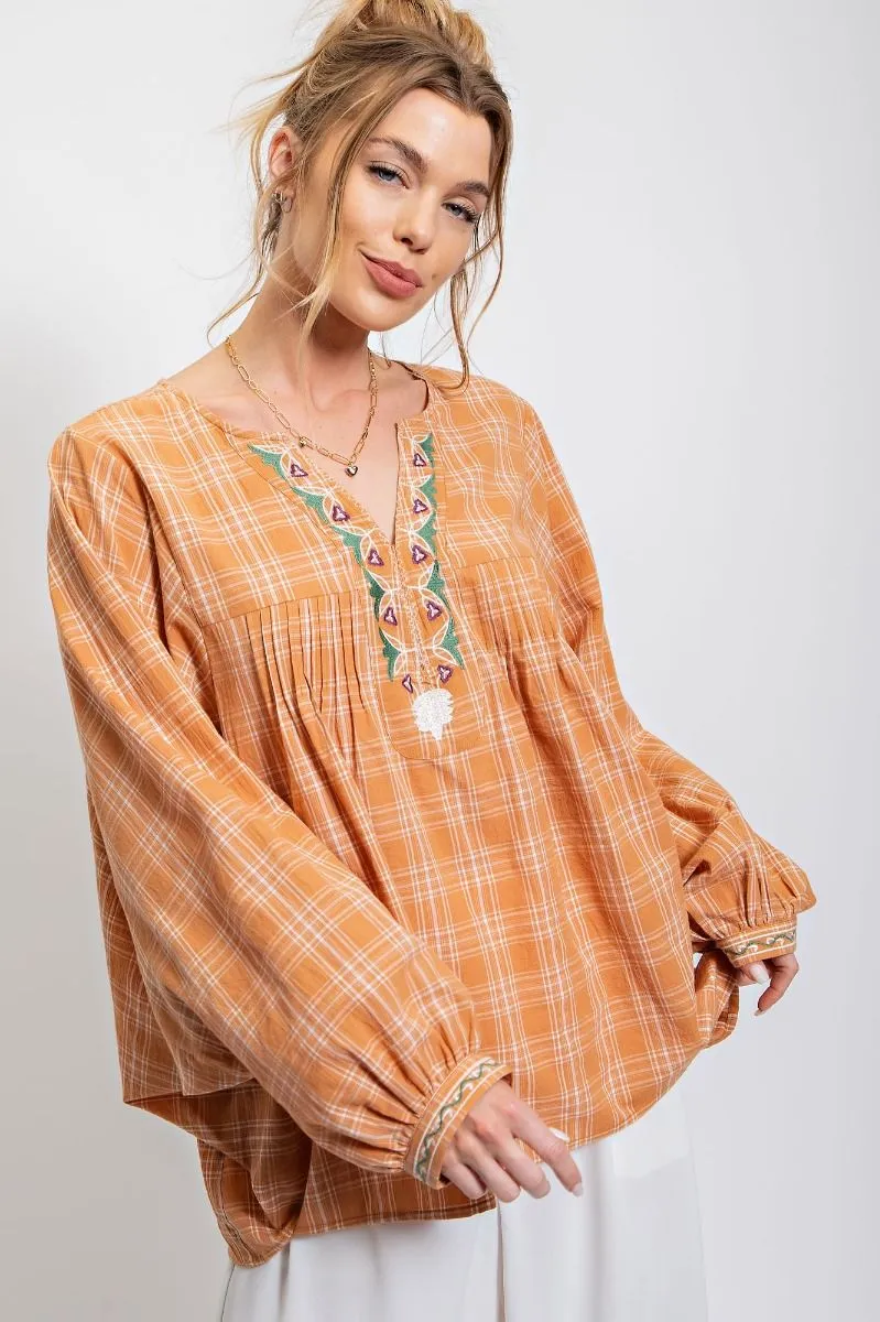 Plaid Cotton Voile Embroidery Top