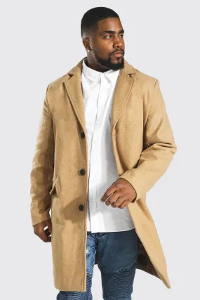 Plus Single Breasted Wool Look Overcoat in Camel | boohooMAN UK