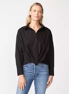 Poplin Long Sleeve Front Twist Button Up Shirt in Black