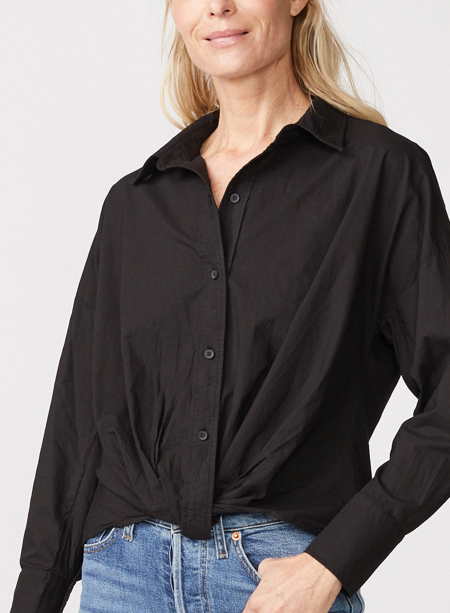 Poplin Long Sleeve Front Twist Button Up Shirt in Black