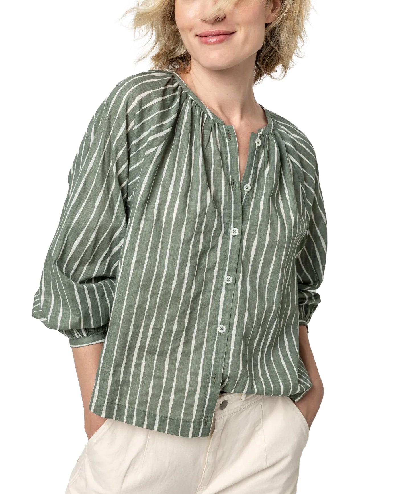 Raglan Button Down with Shirring (Artichoke/Rope)