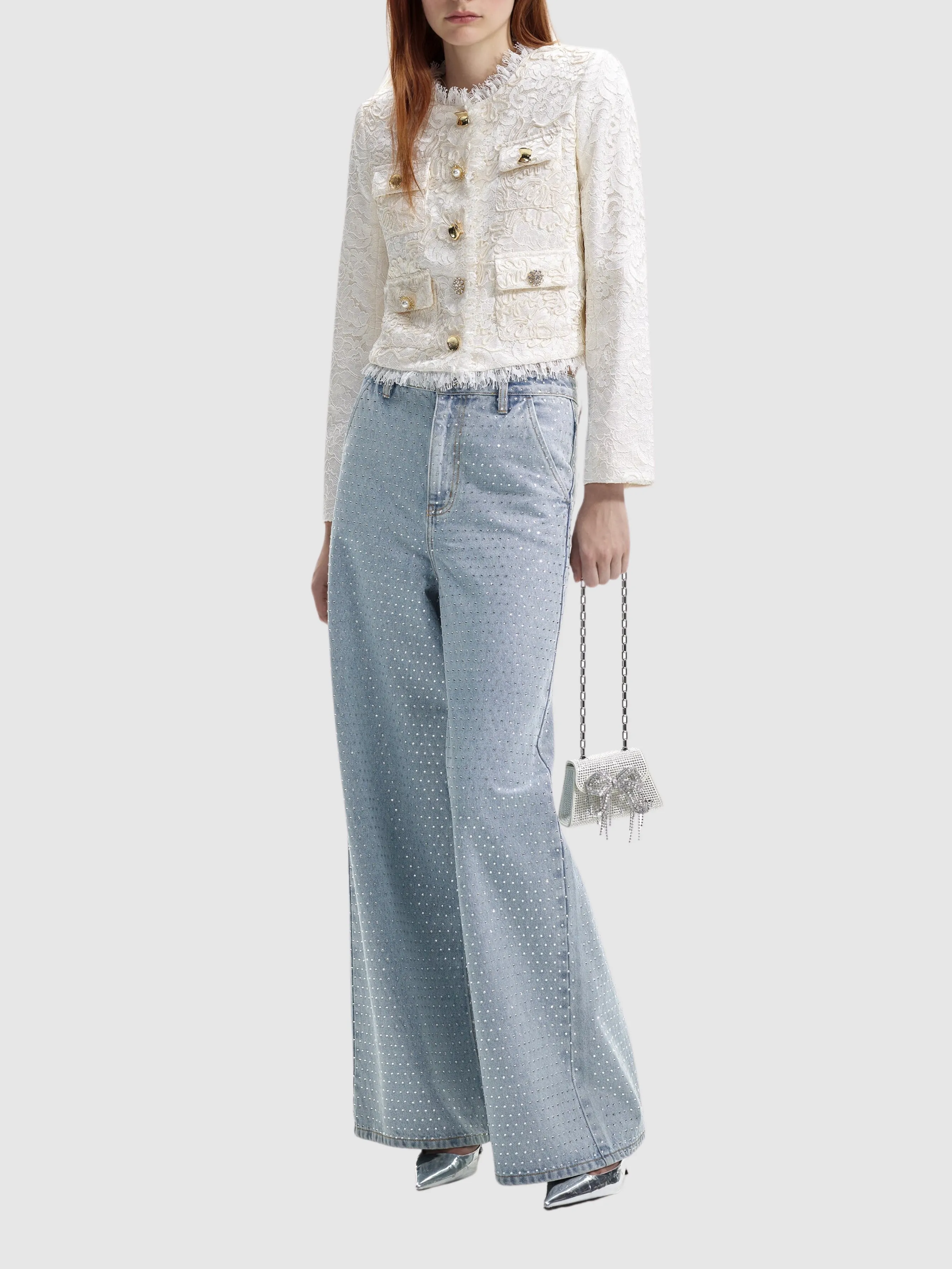 Rhinestone-Embellished Wide Leg Jeans