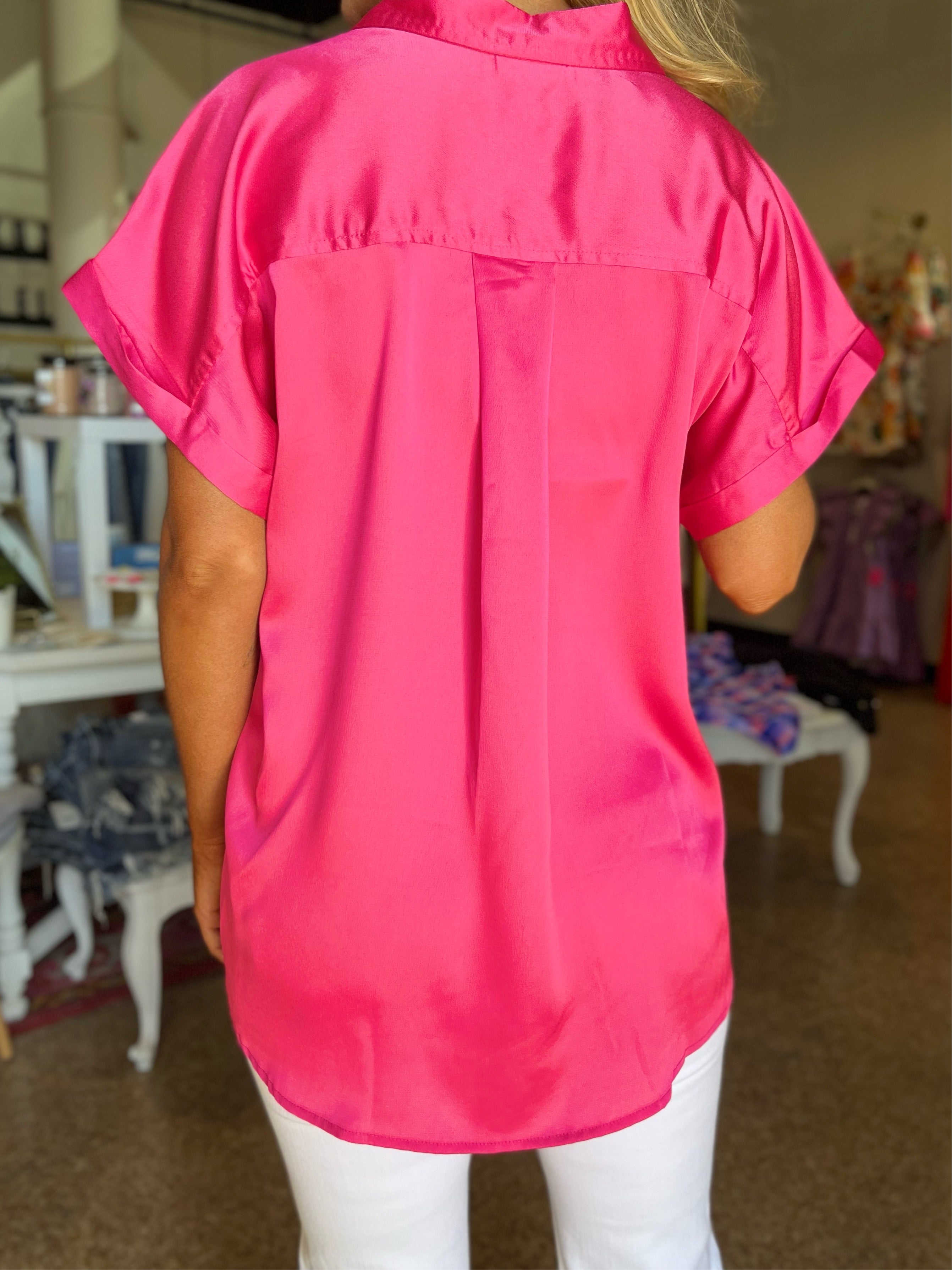 Satin Button Down - Hot Pink