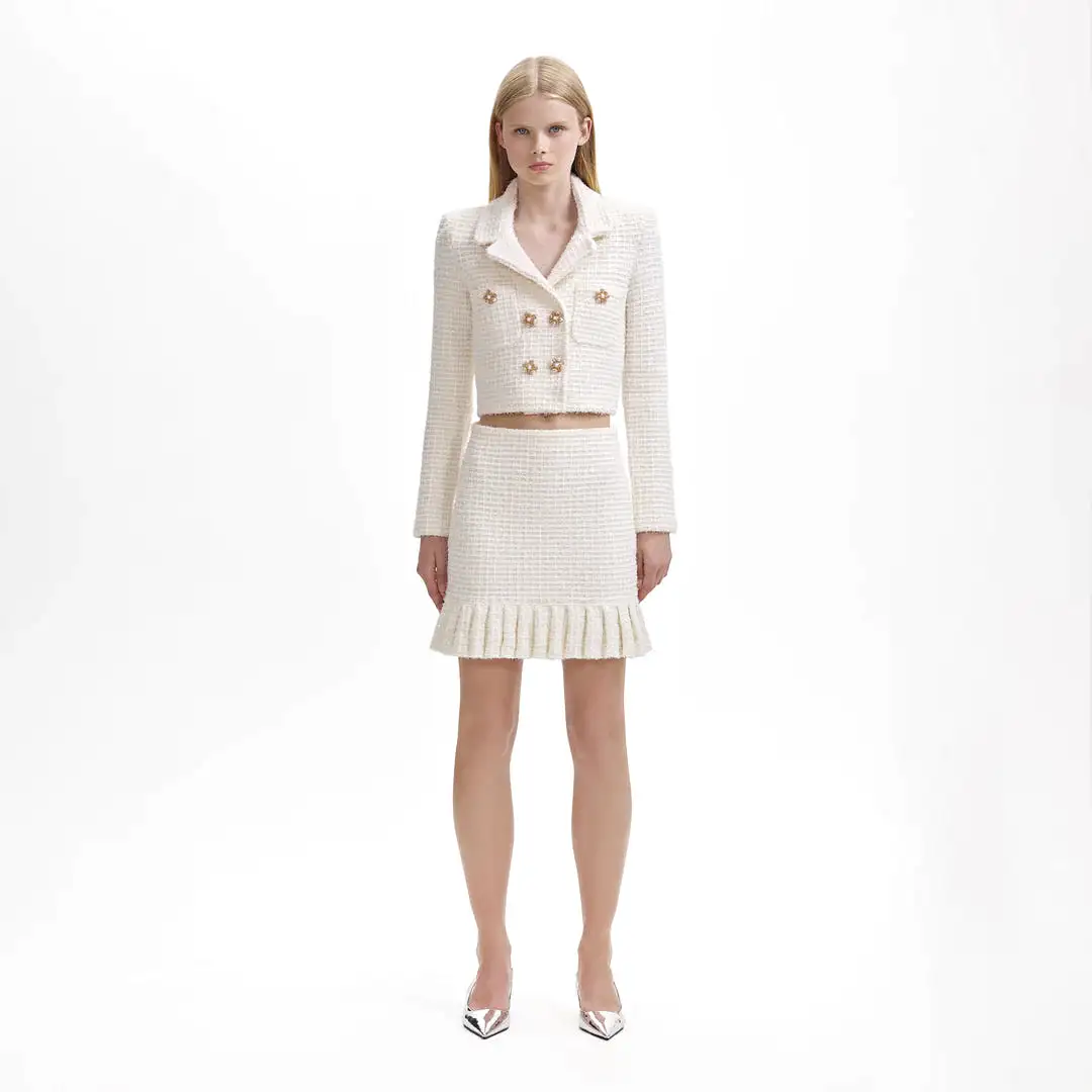 SELF-PORTRAIT Cream Sequin Textured Knit Jacket