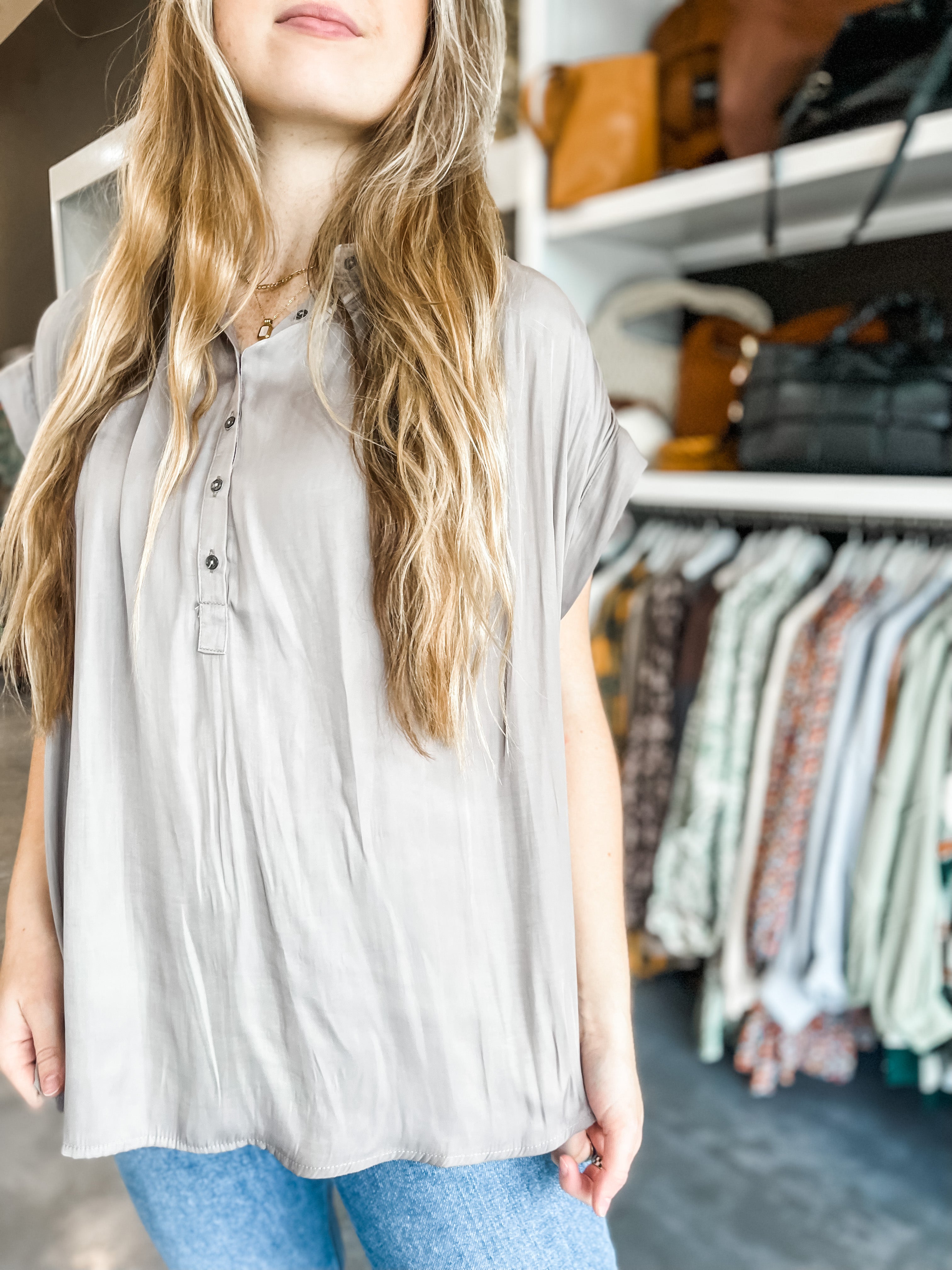 Silver Bells Button Down Top