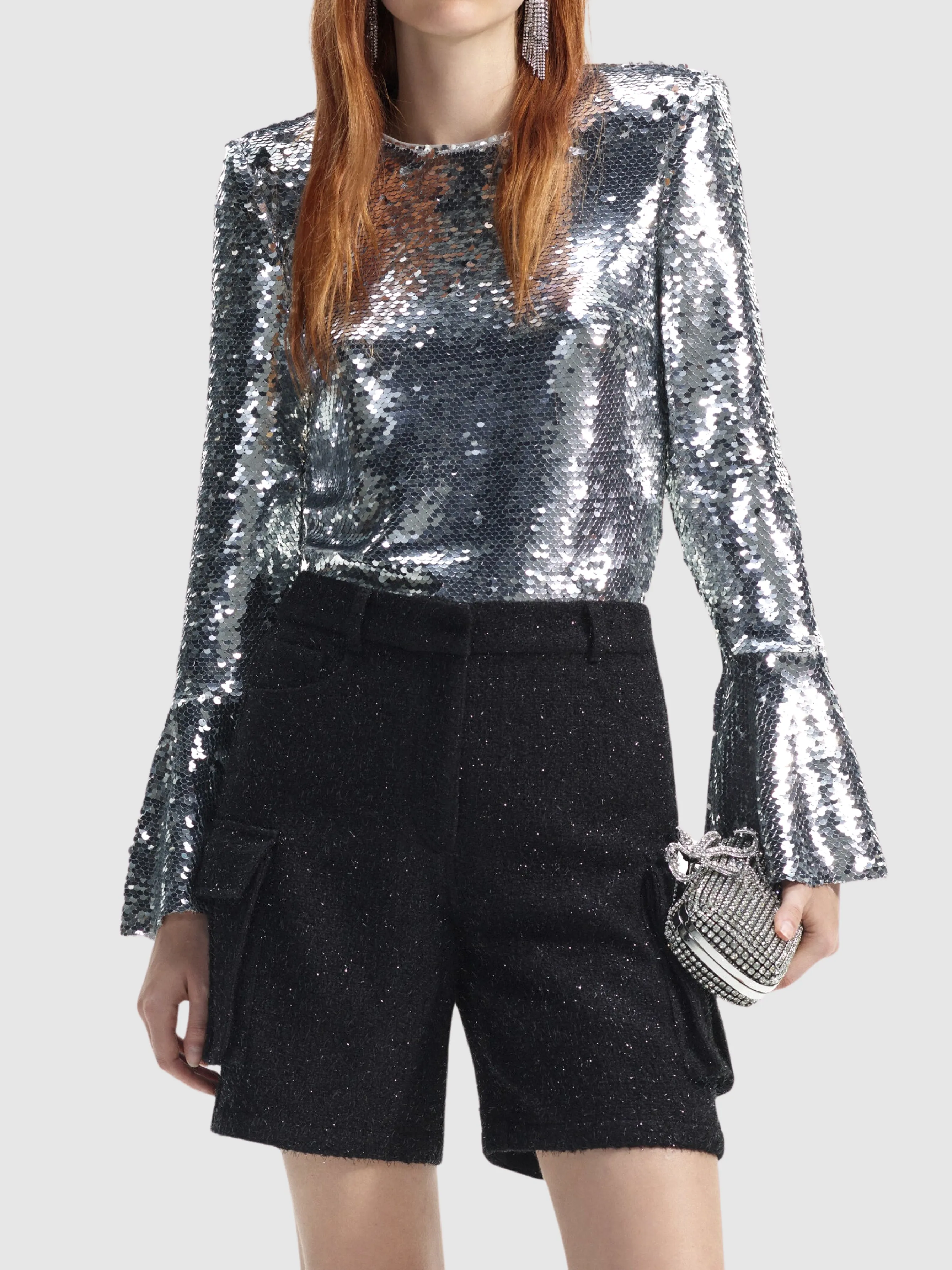 Silver Sequin Flared Sleeve Top