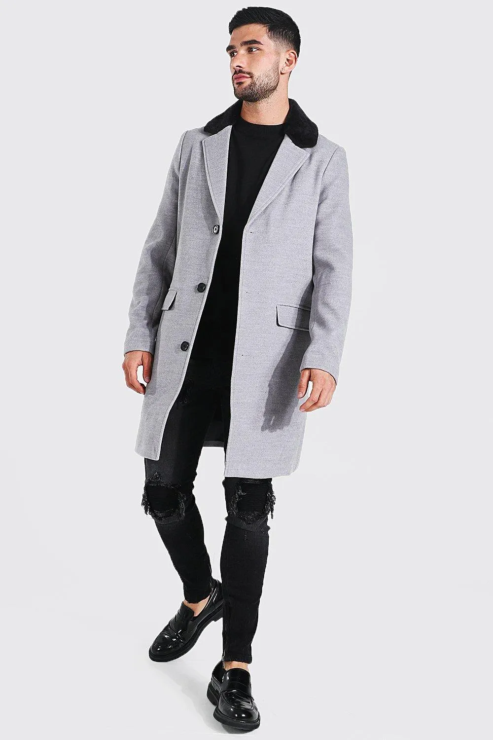 Smart Faux Fur Back Collar Single Breasted Overcoat | boohooMAN UK