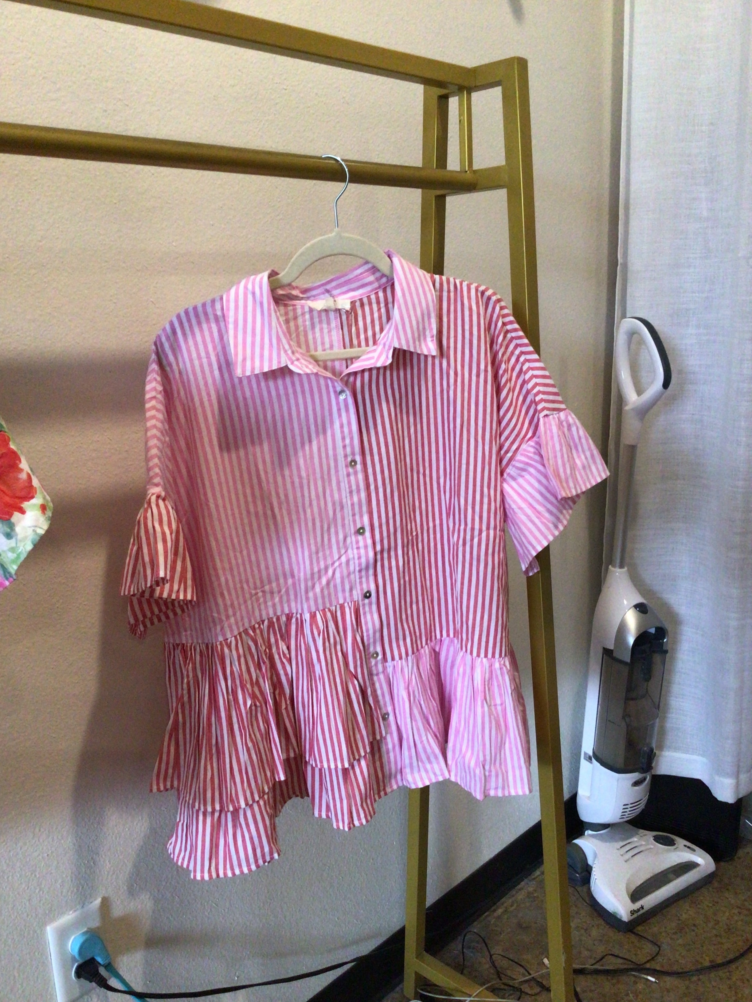 Striped Ruffle Button Down - Pink Combo