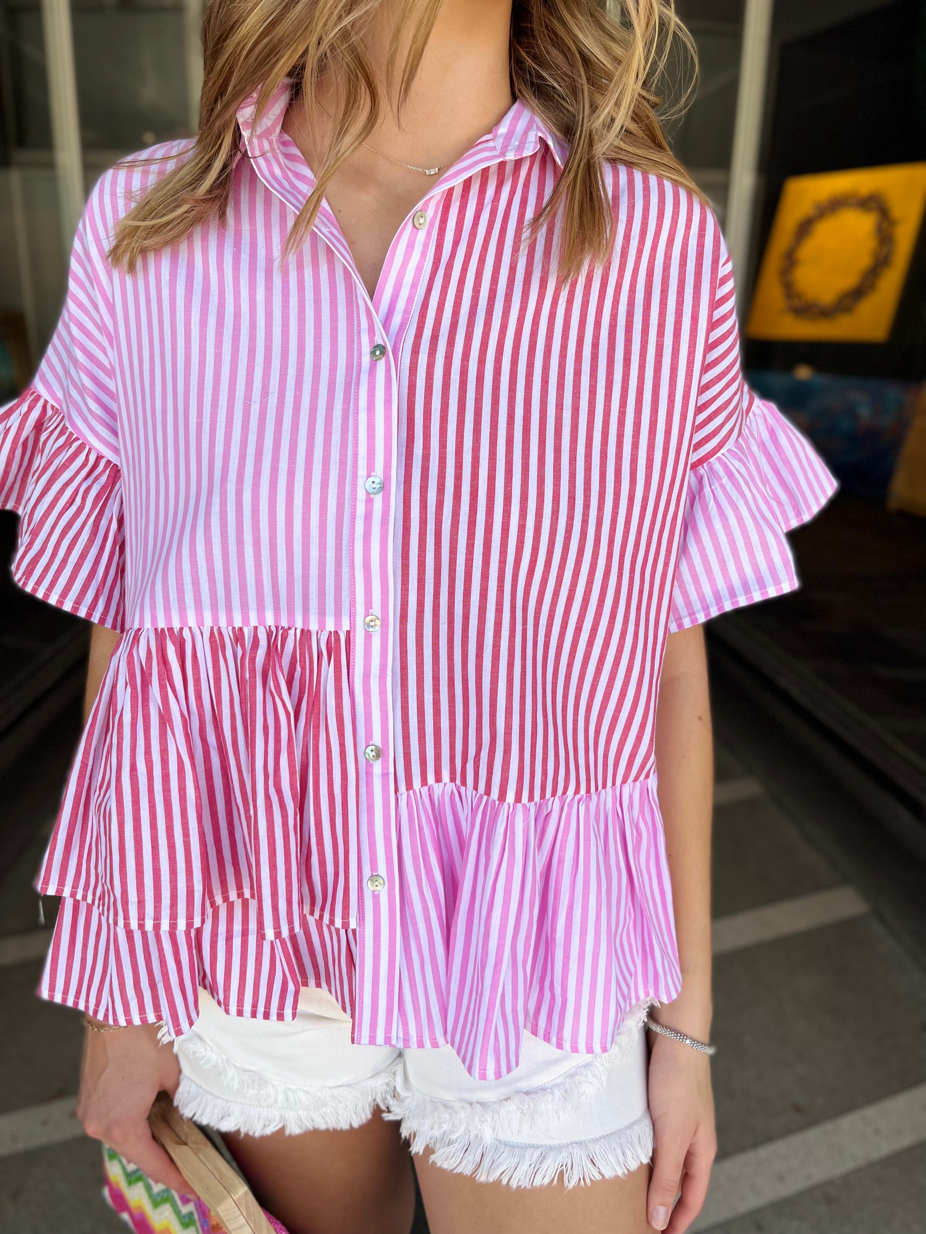 Striped Ruffle Button Down - Pink Combo