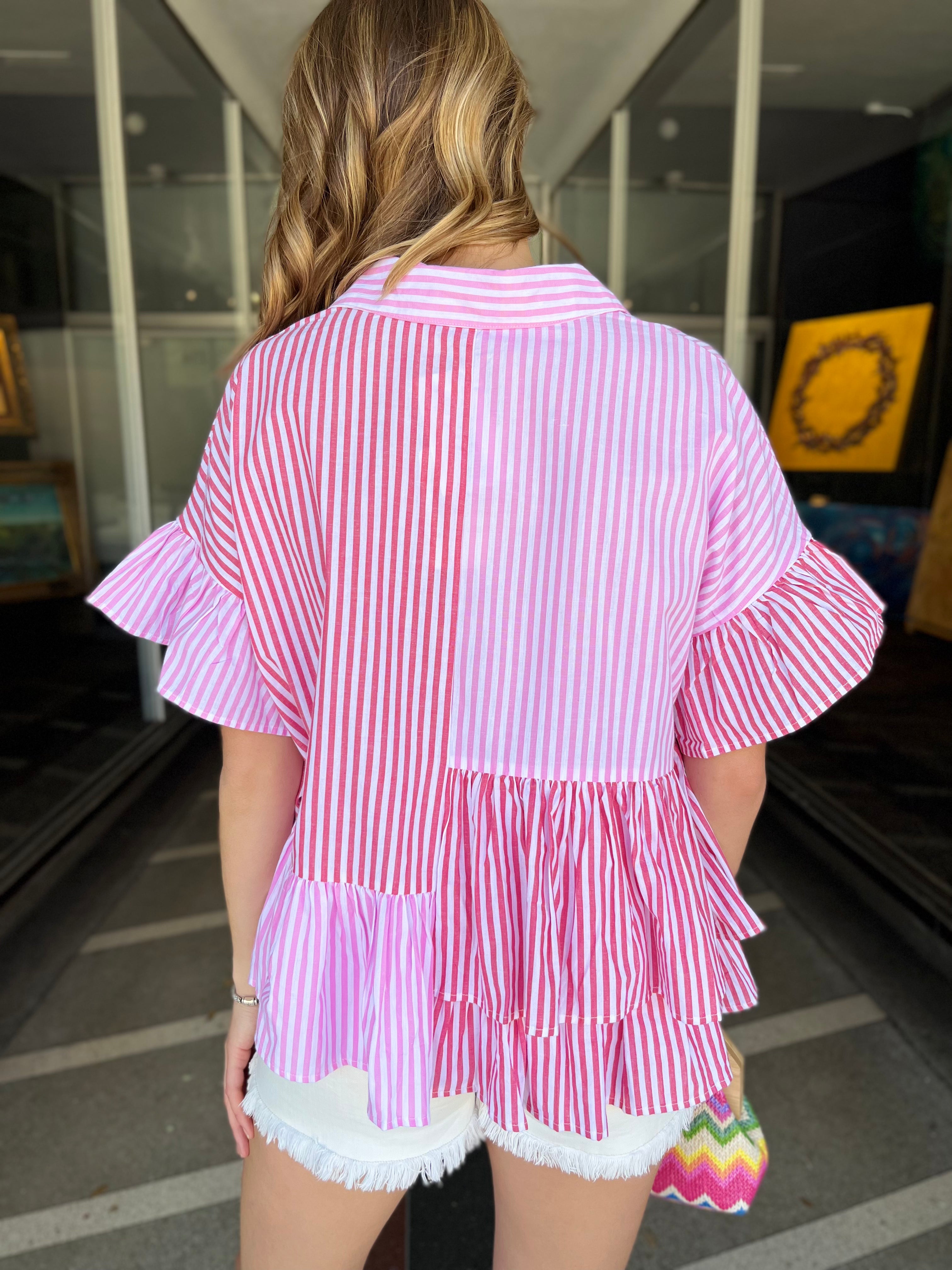 Striped Ruffle Button Down - Pink Combo