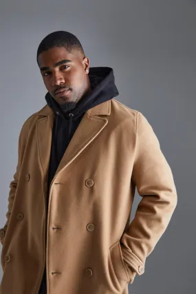 Tall Double Breasted Wool Look Overcoat in Camel | boohooMAN UK