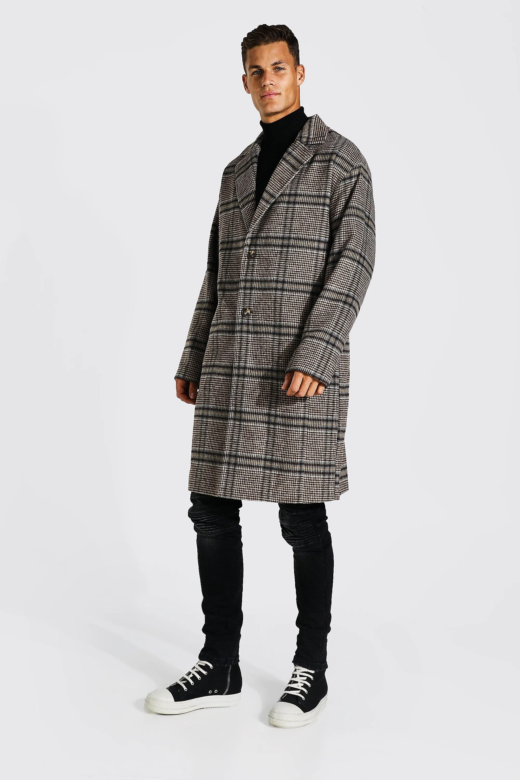 Tall Grid Check Single Breasted Overcoat | boohooMAN UK