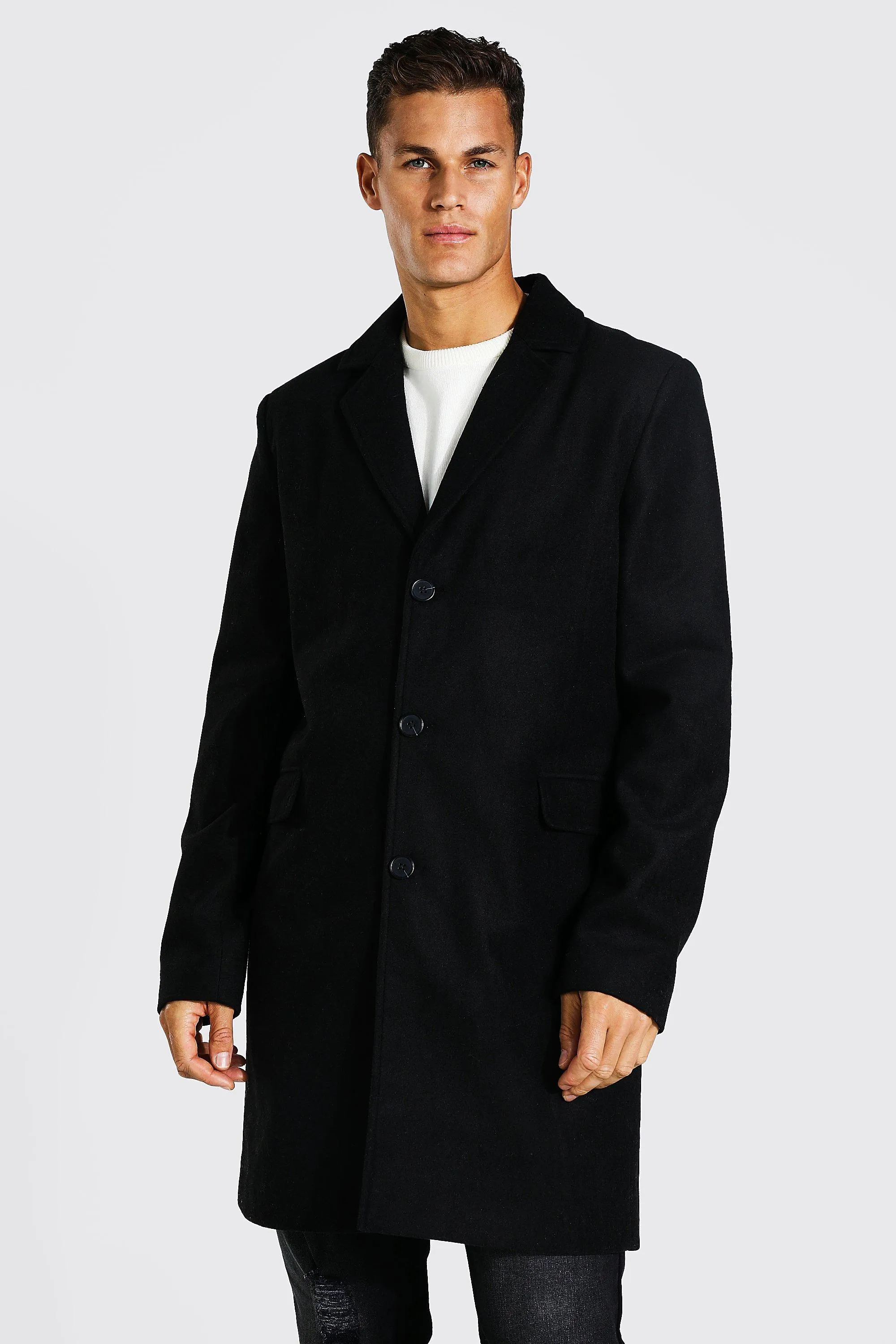 Tall Single Breasted Wool Mix Overcoat | boohooMAN UK