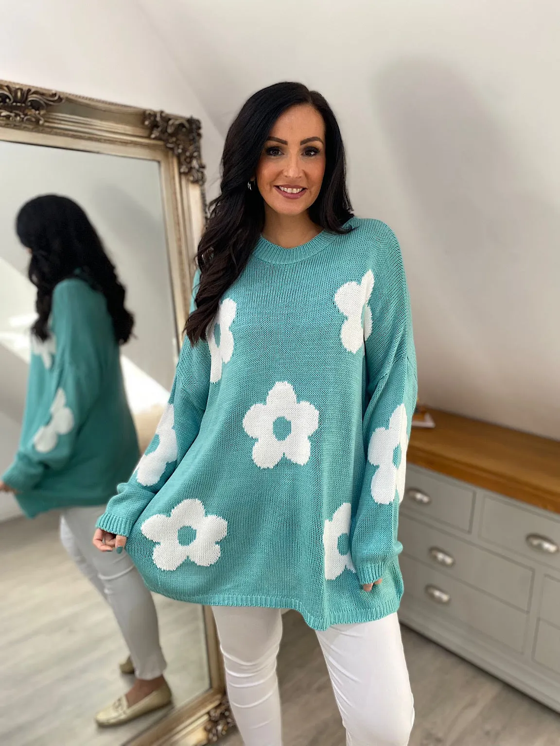 Teal Daisy Ribbed Neck Jumper Georgia