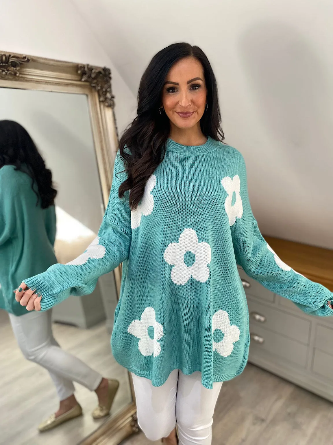 Teal Daisy Ribbed Neck Jumper Georgia