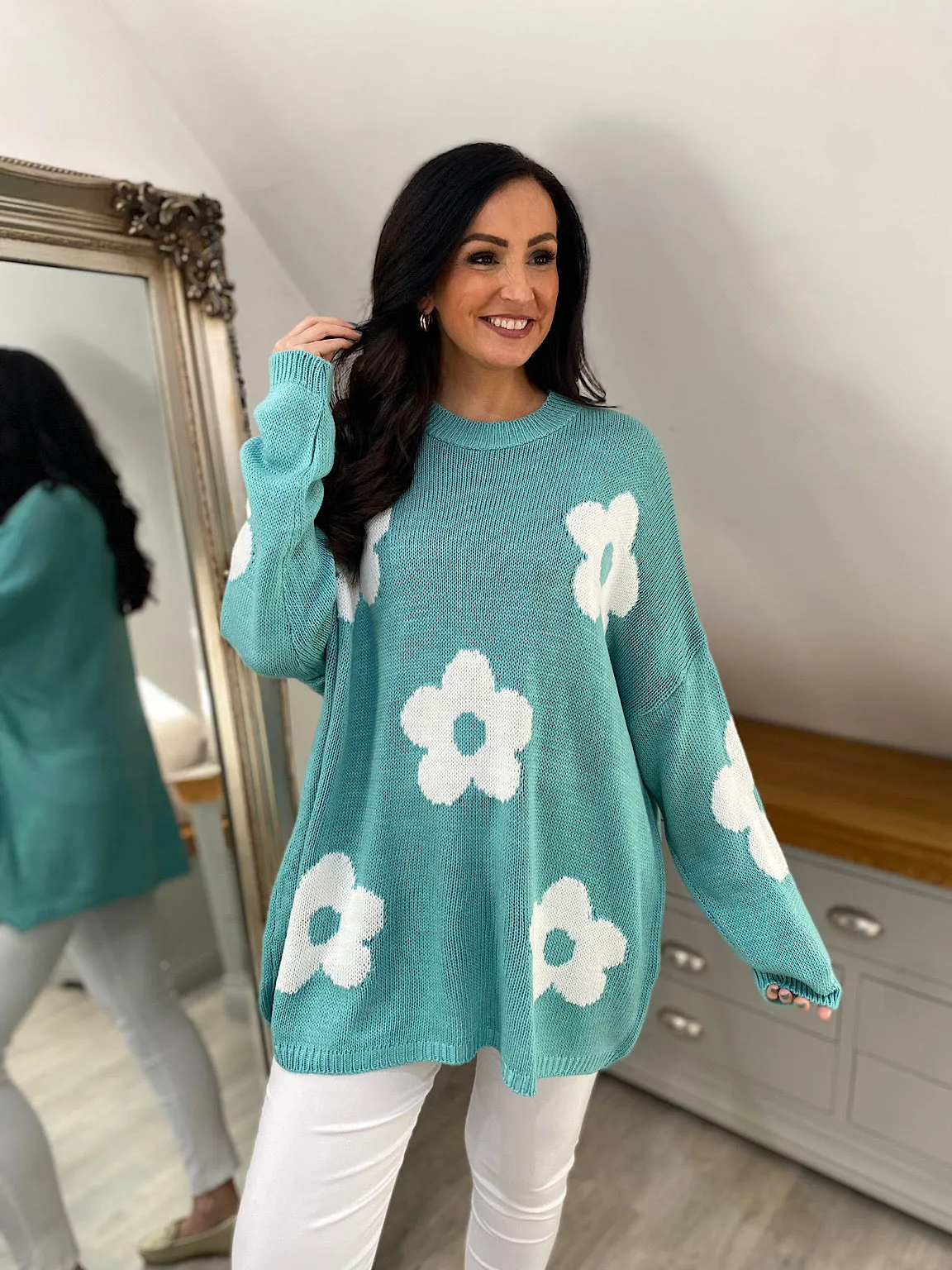 Teal Daisy Ribbed Neck Jumper Georgia