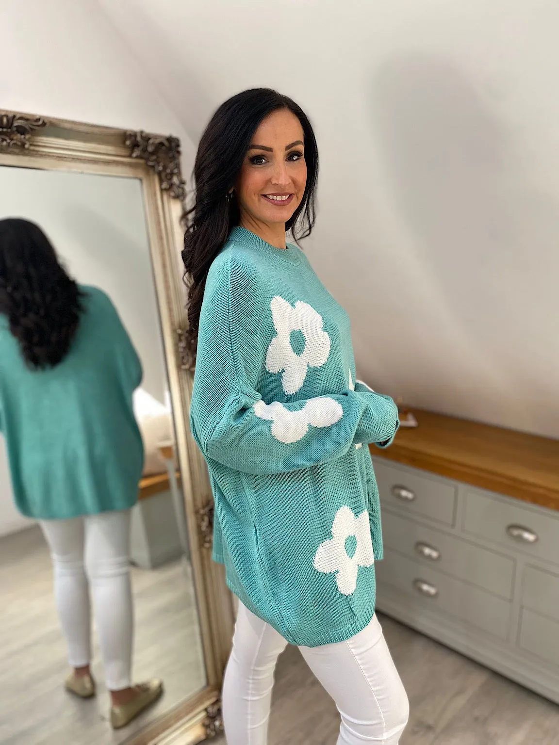 Teal Daisy Ribbed Neck Jumper Georgia