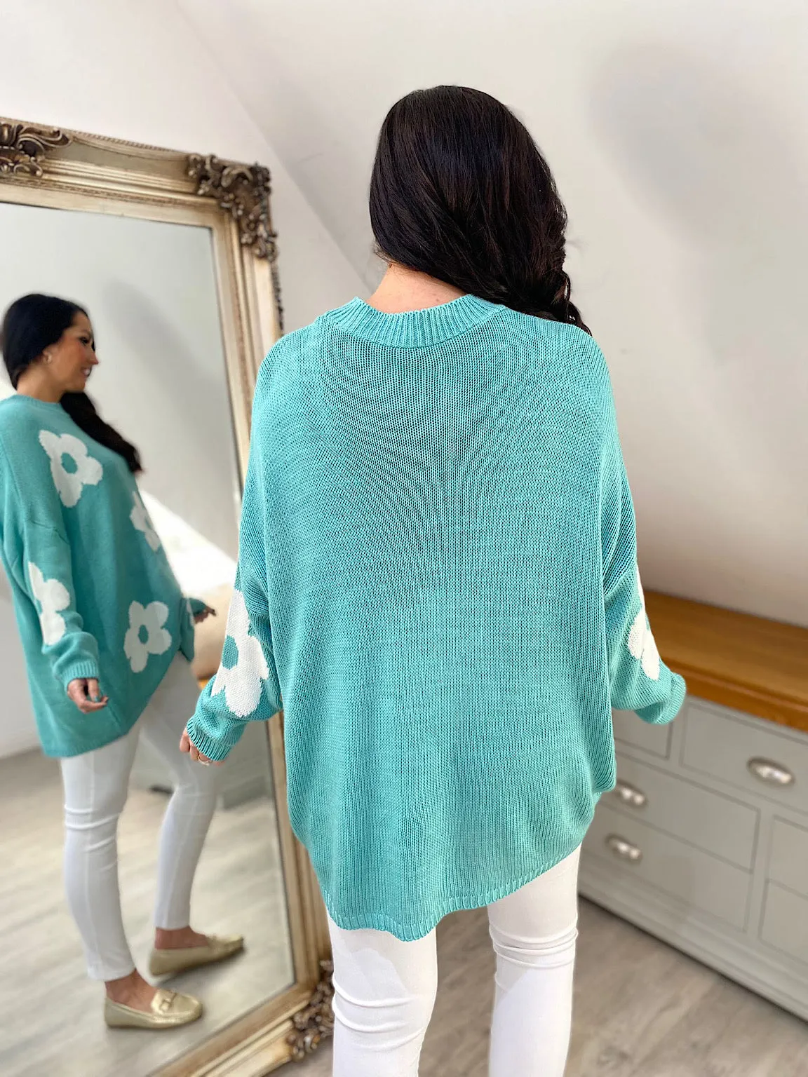 Teal Daisy Ribbed Neck Jumper Georgia