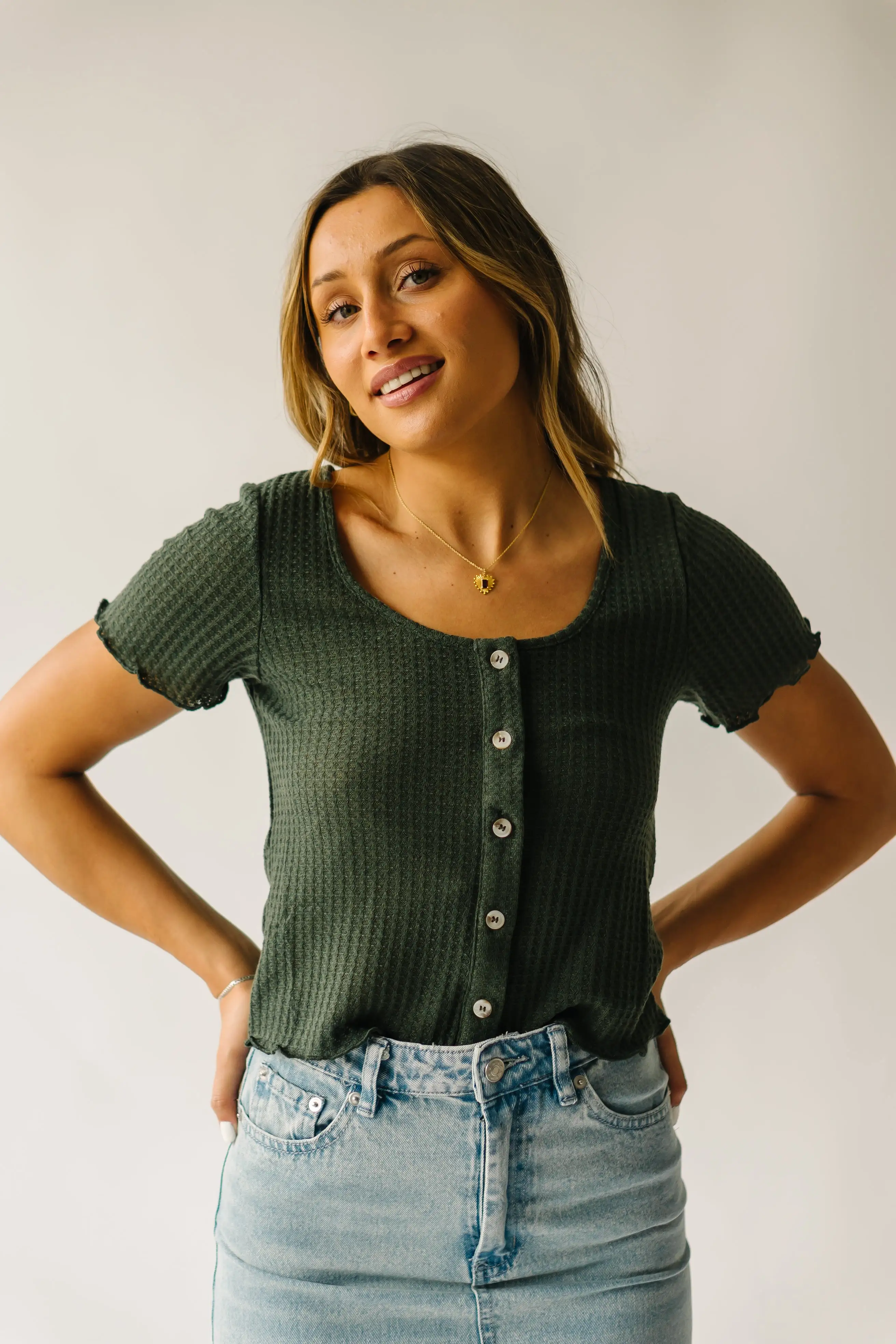 The Arleth Waffle Knit Blouse in Olive