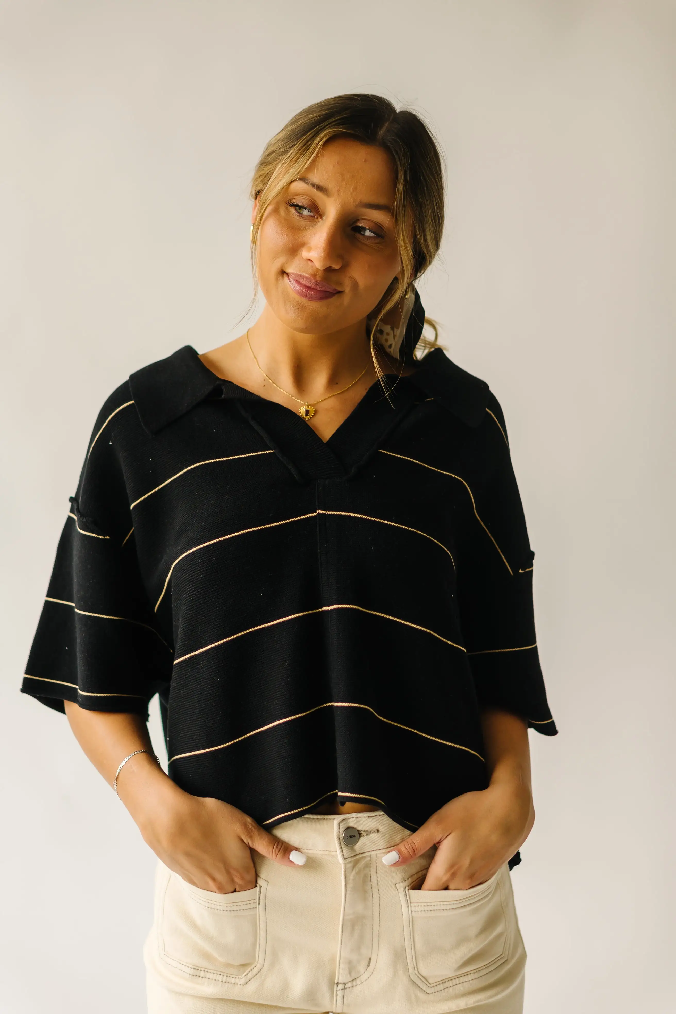 The Dellona Collared Blouse in Black + Tan Stripe