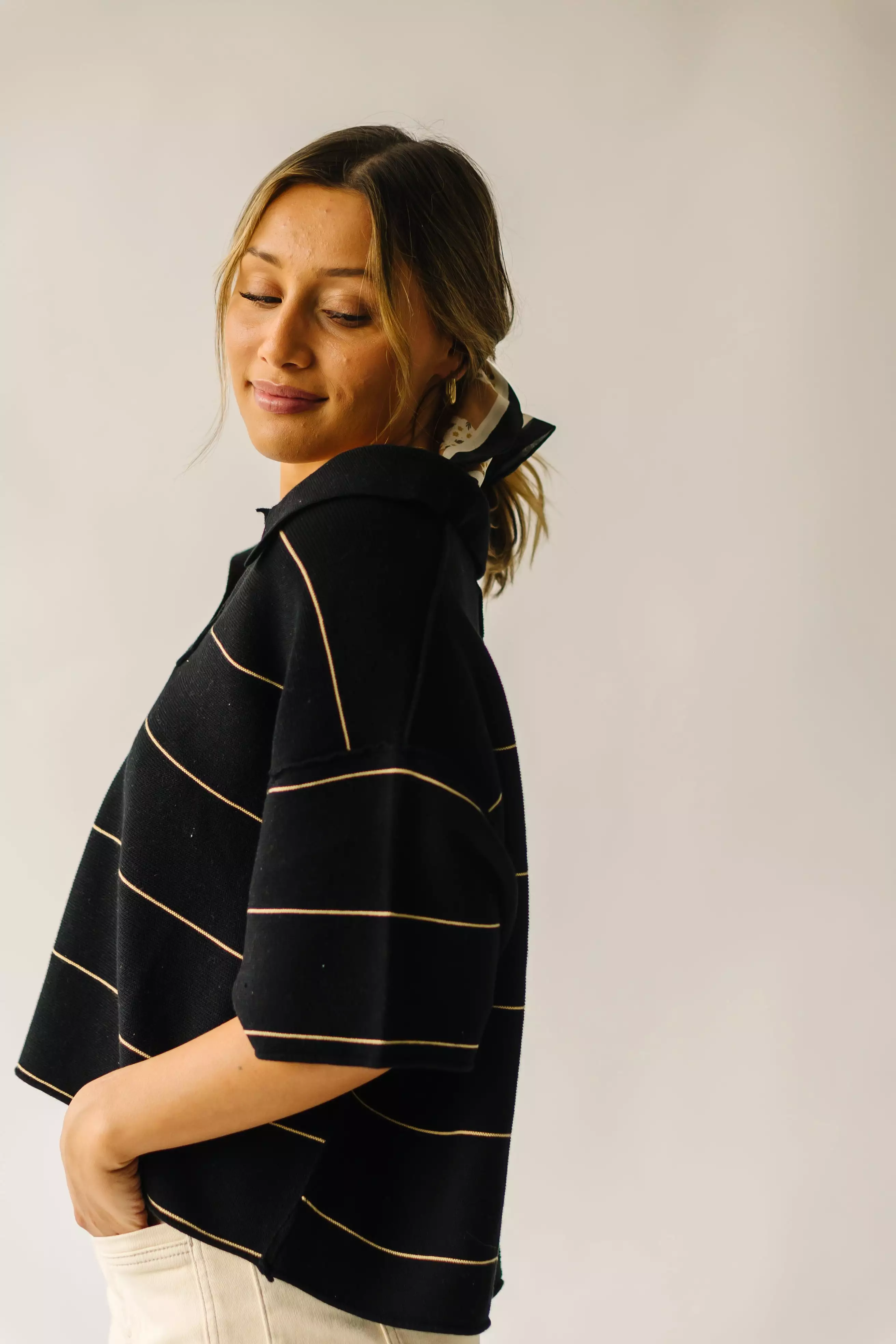 The Dellona Collared Blouse in Black + Tan Stripe