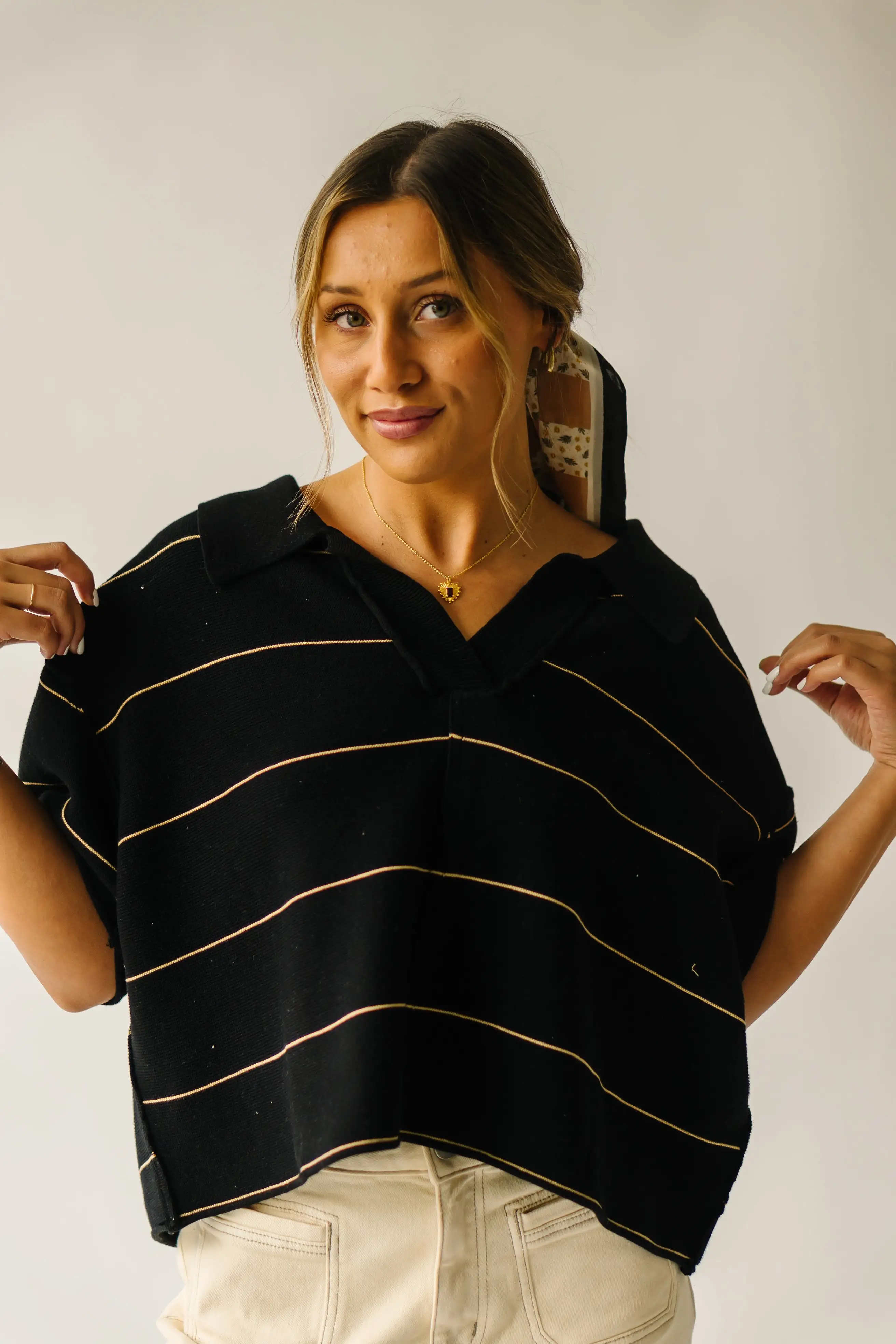 The Dellona Collared Blouse in Black + Tan Stripe