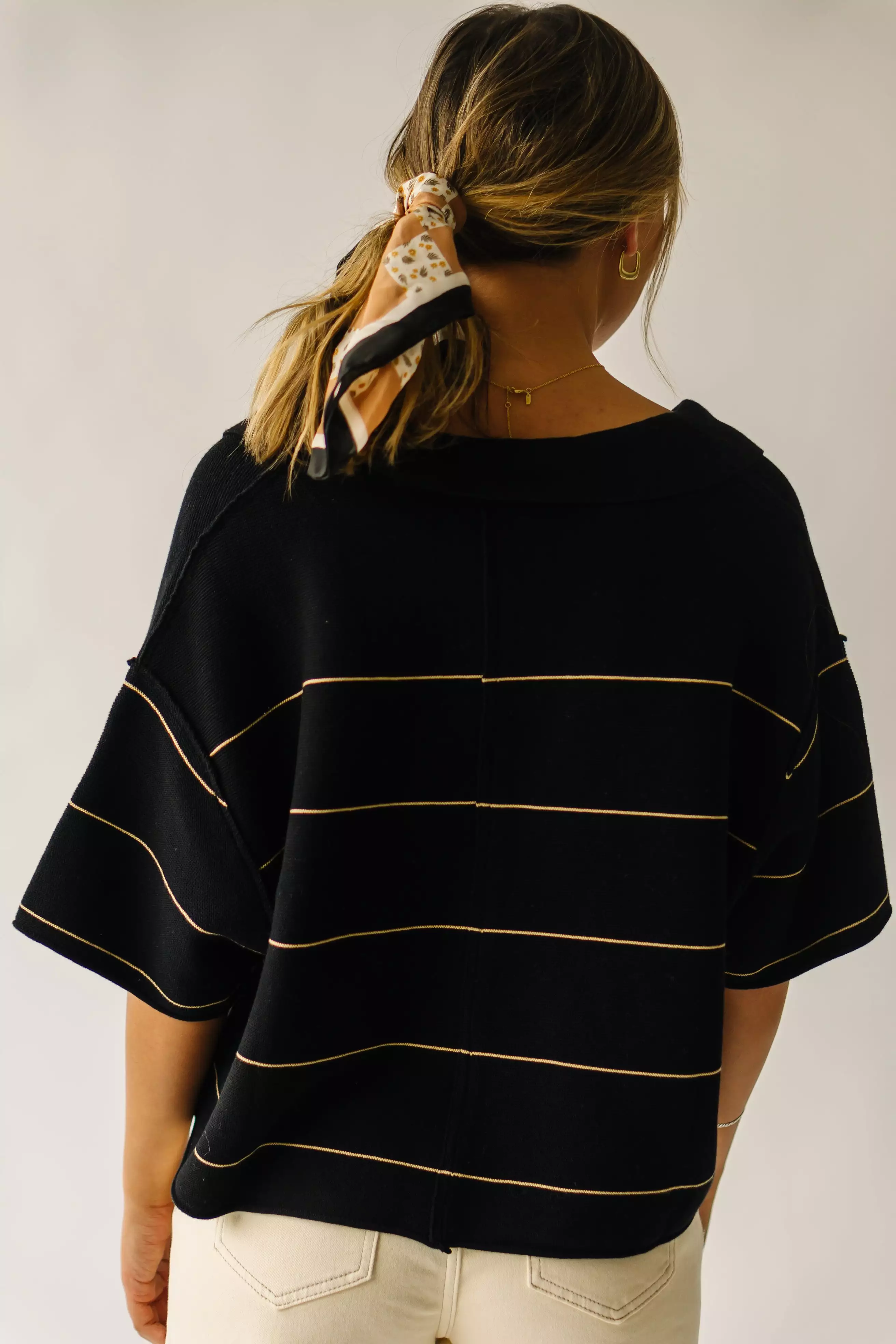 The Dellona Collared Blouse in Black + Tan Stripe