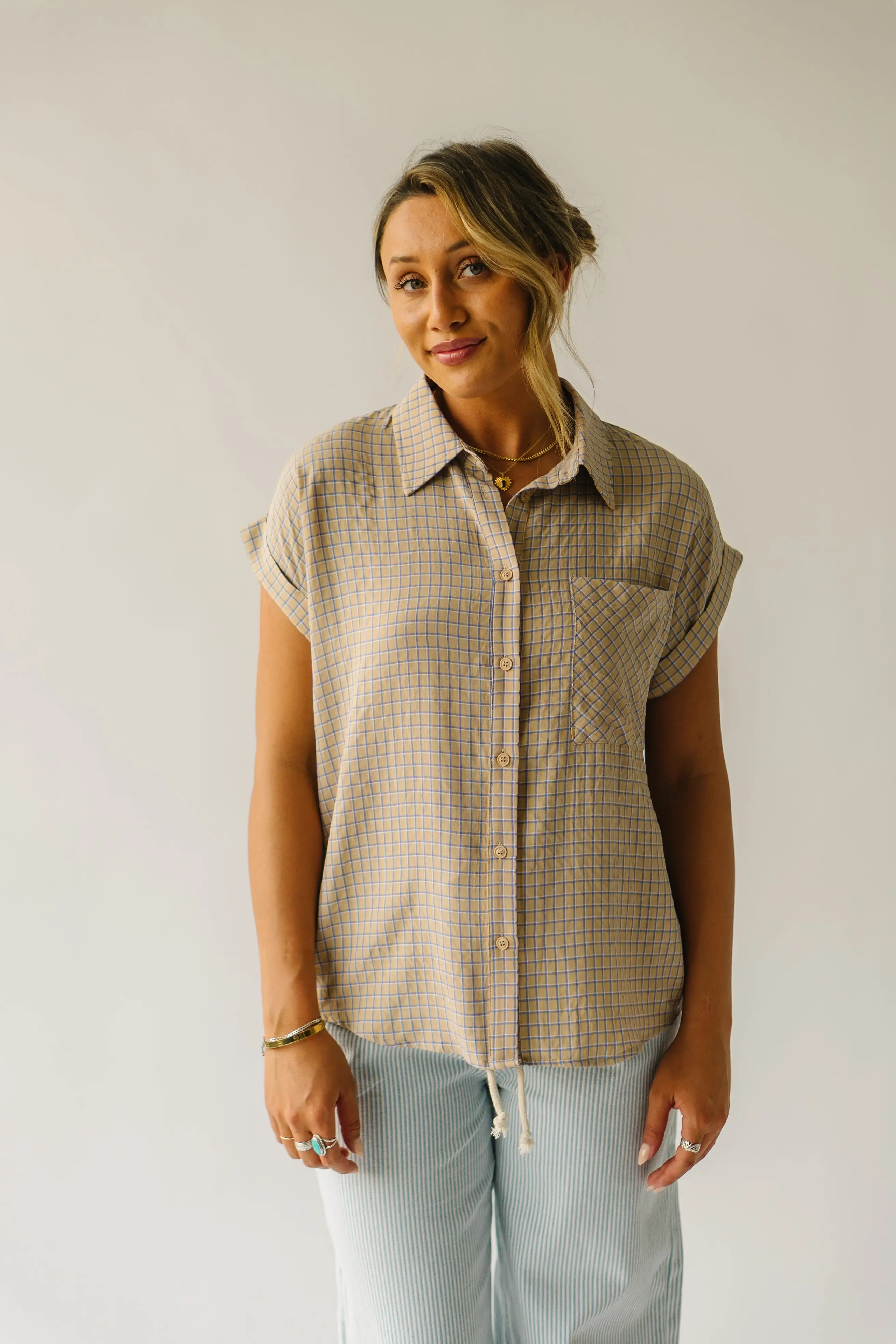 The Fitzroy Gingham Button-Up Blouse in Khaki