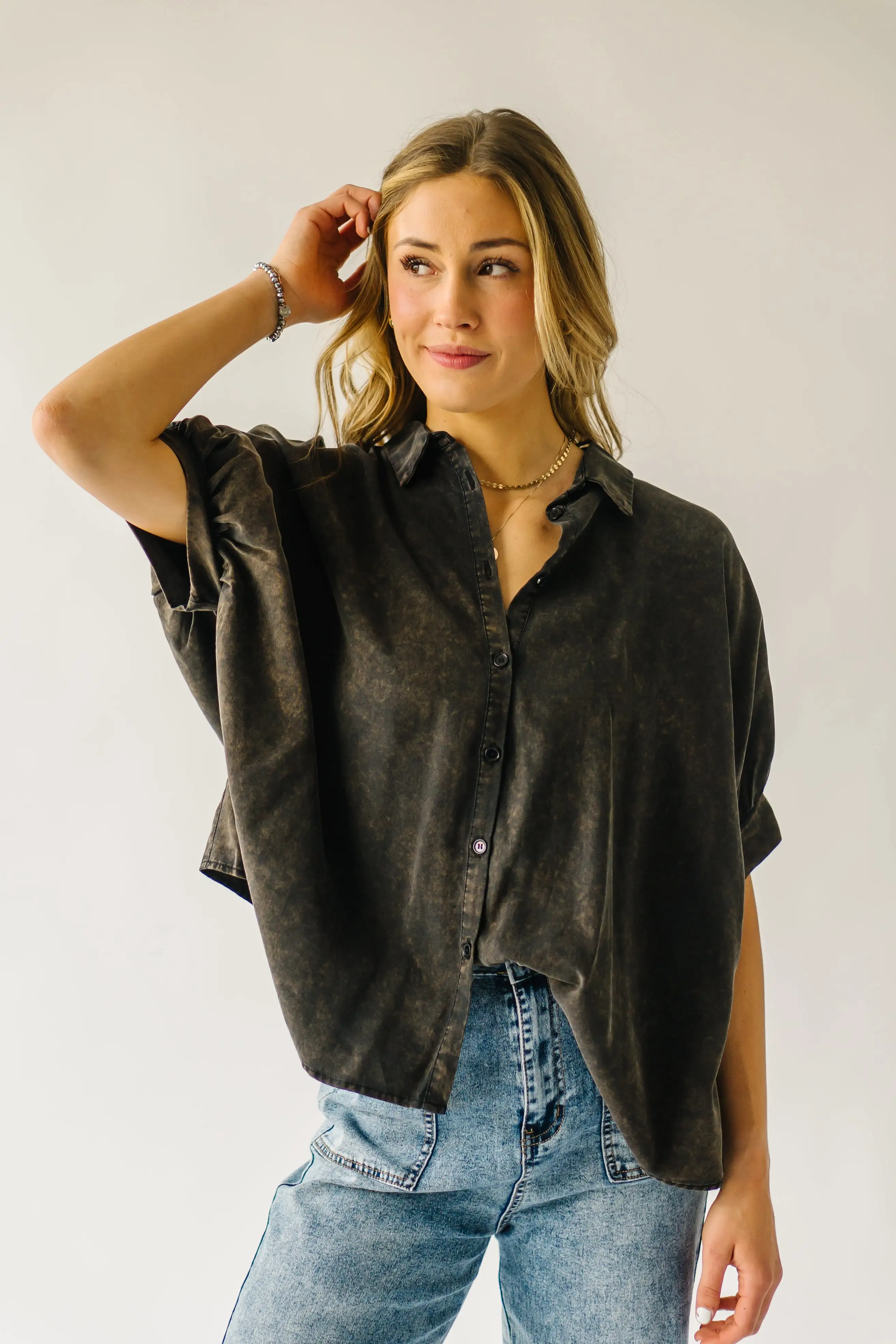 The Lowen Oversized Button-Up Blouse in Washed Black