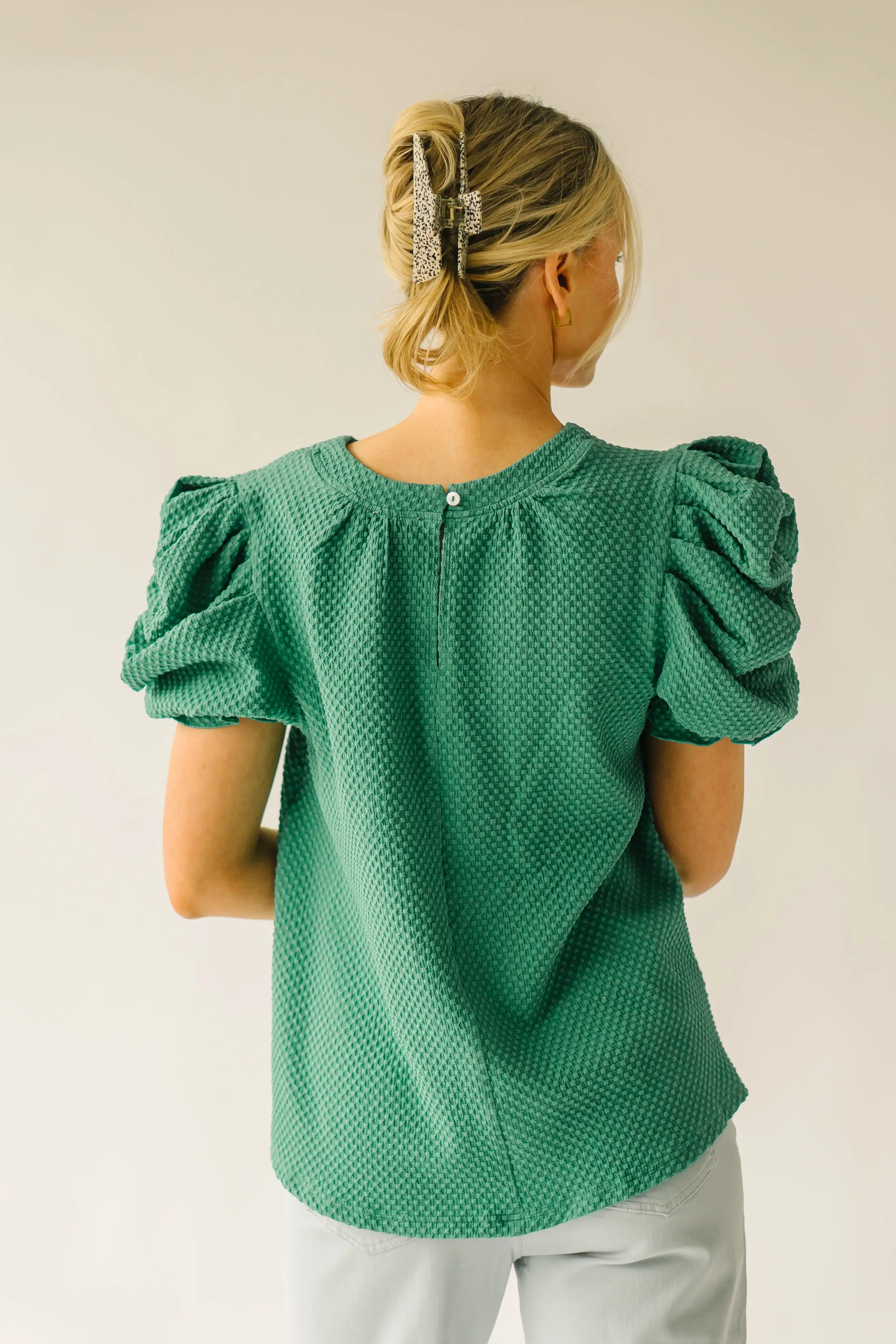 The Markos Pleated Puff Sleeve Blouse in Green