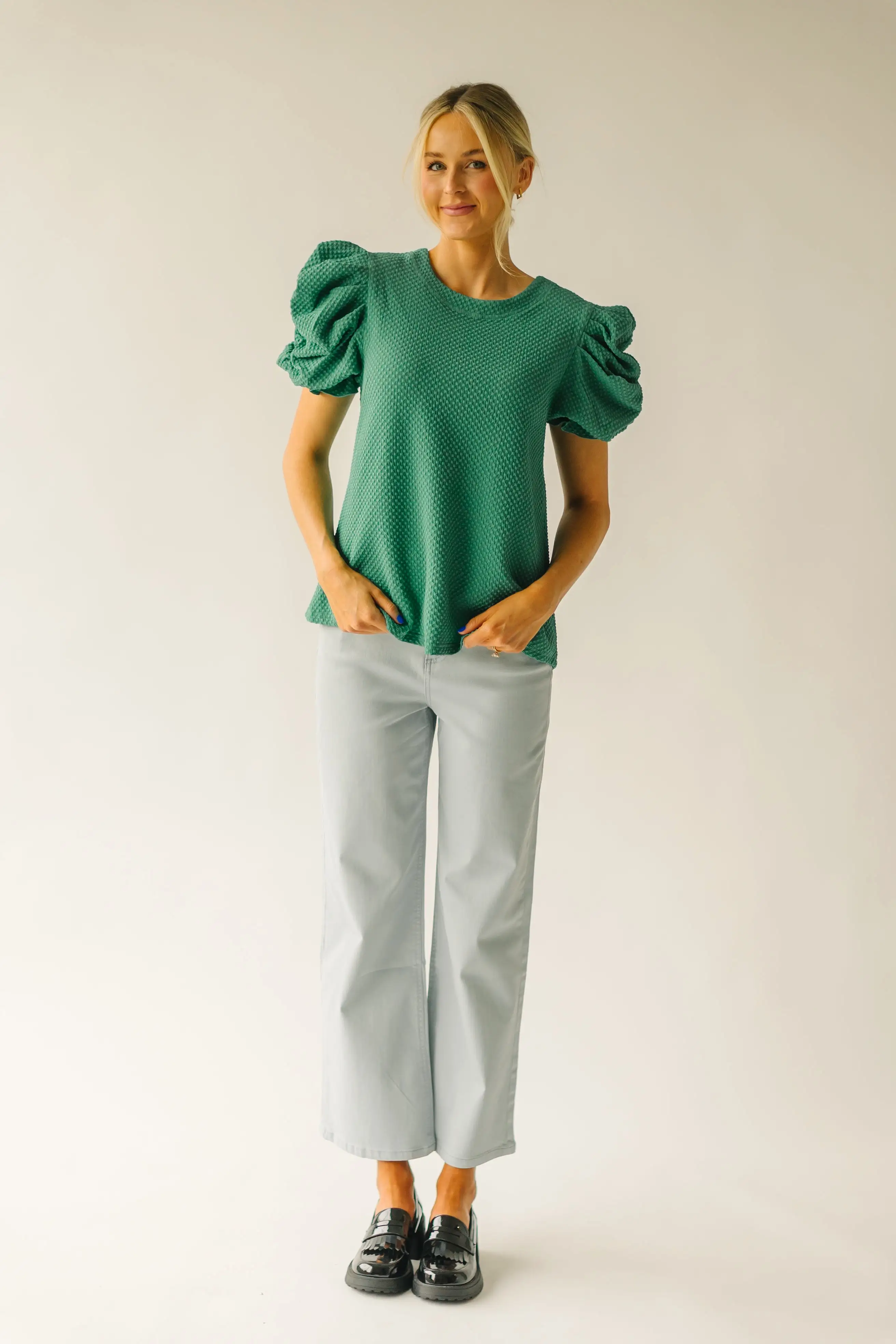 The Markos Pleated Puff Sleeve Blouse in Green