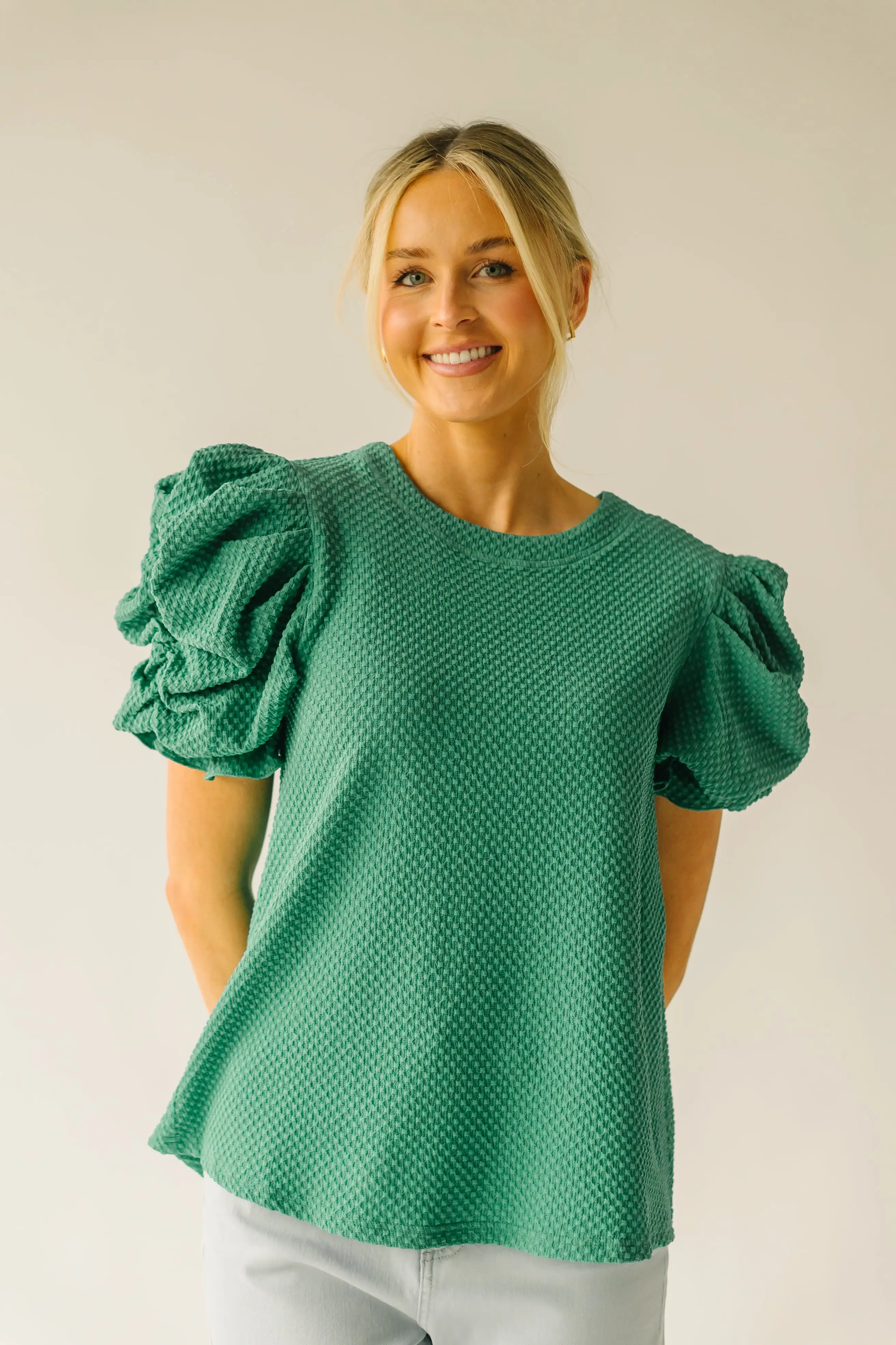 The Markos Pleated Puff Sleeve Blouse in Green