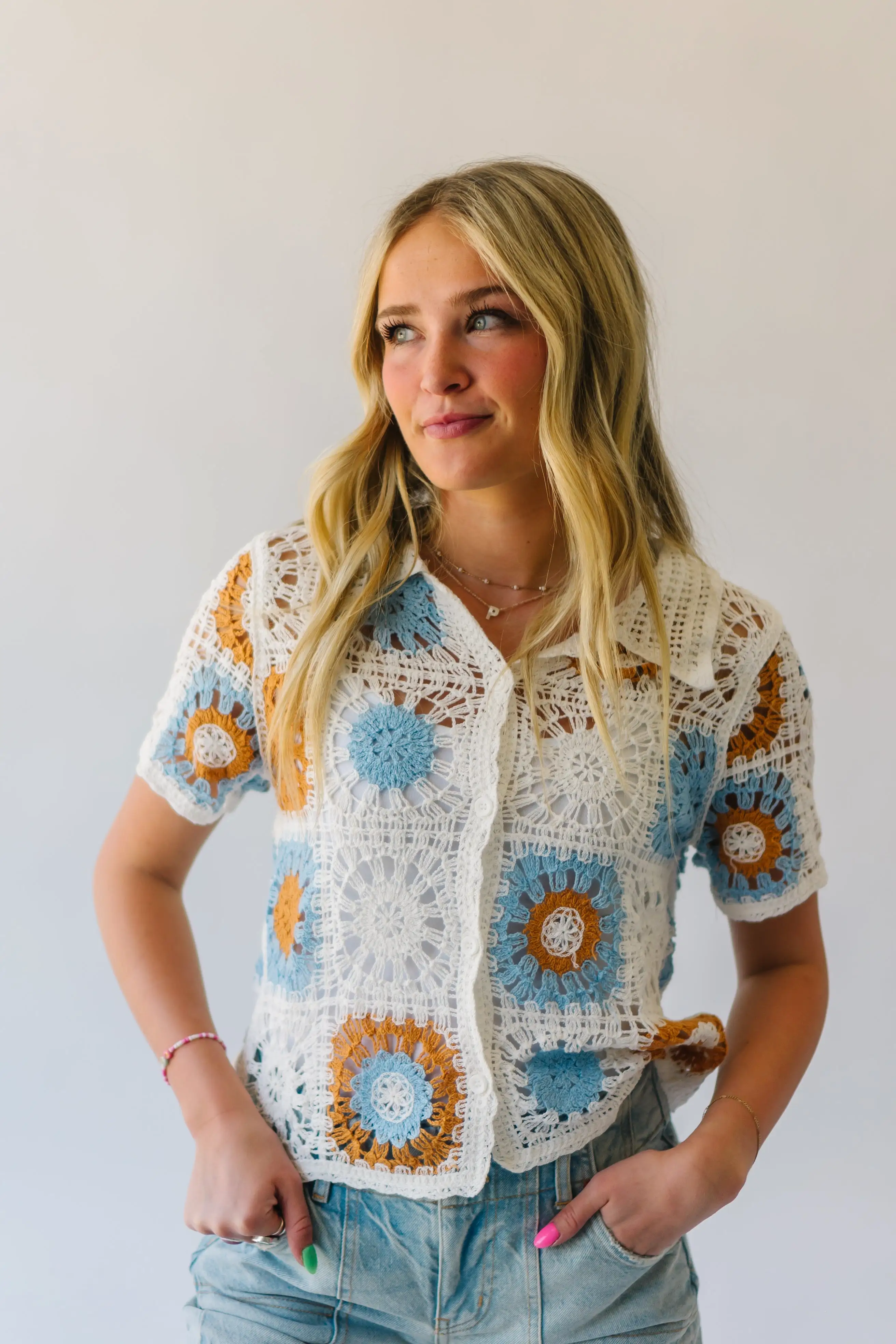 The Meldrum Button-Up Crochet Blouse in White Multi