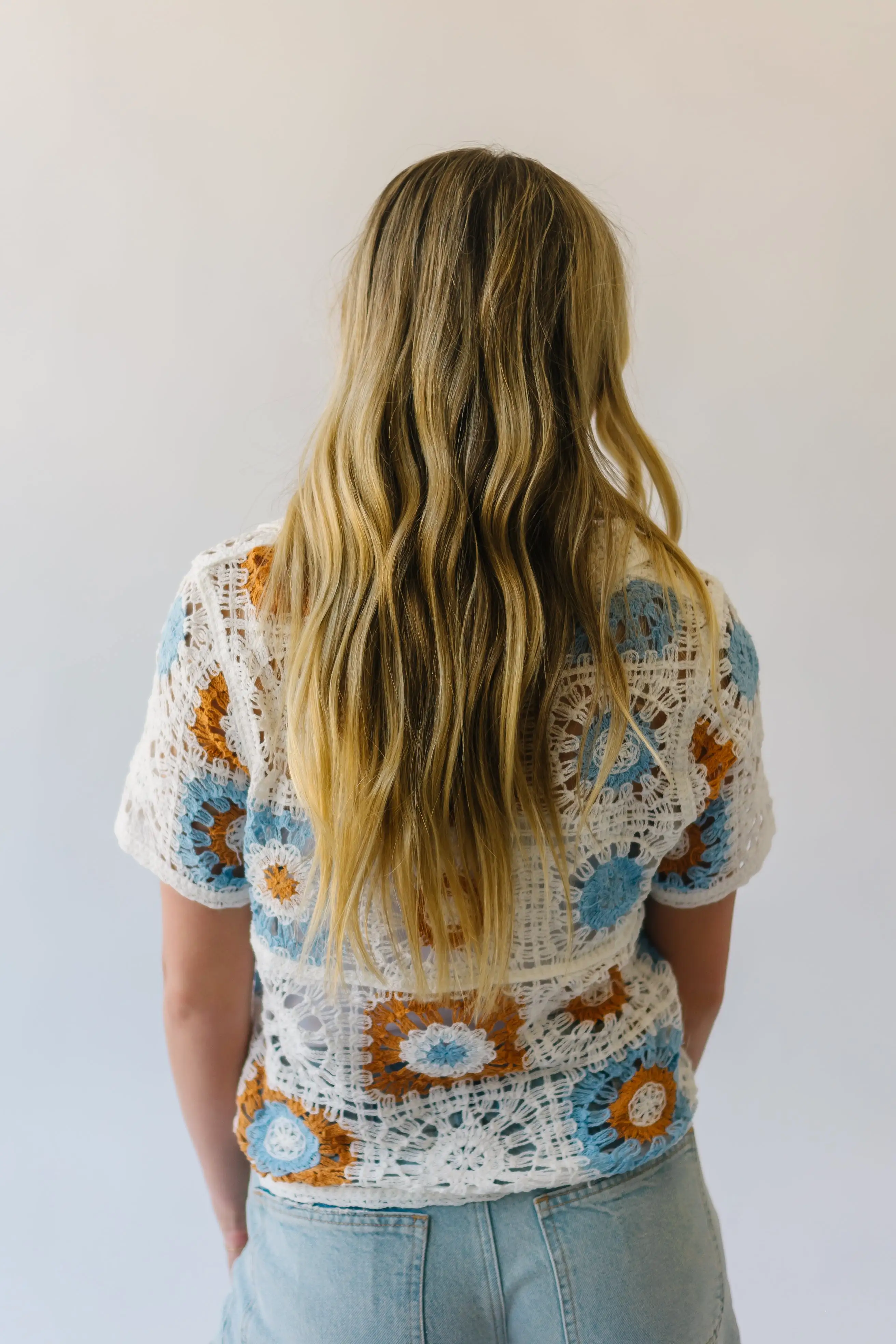 The Meldrum Button-Up Crochet Blouse in White Multi