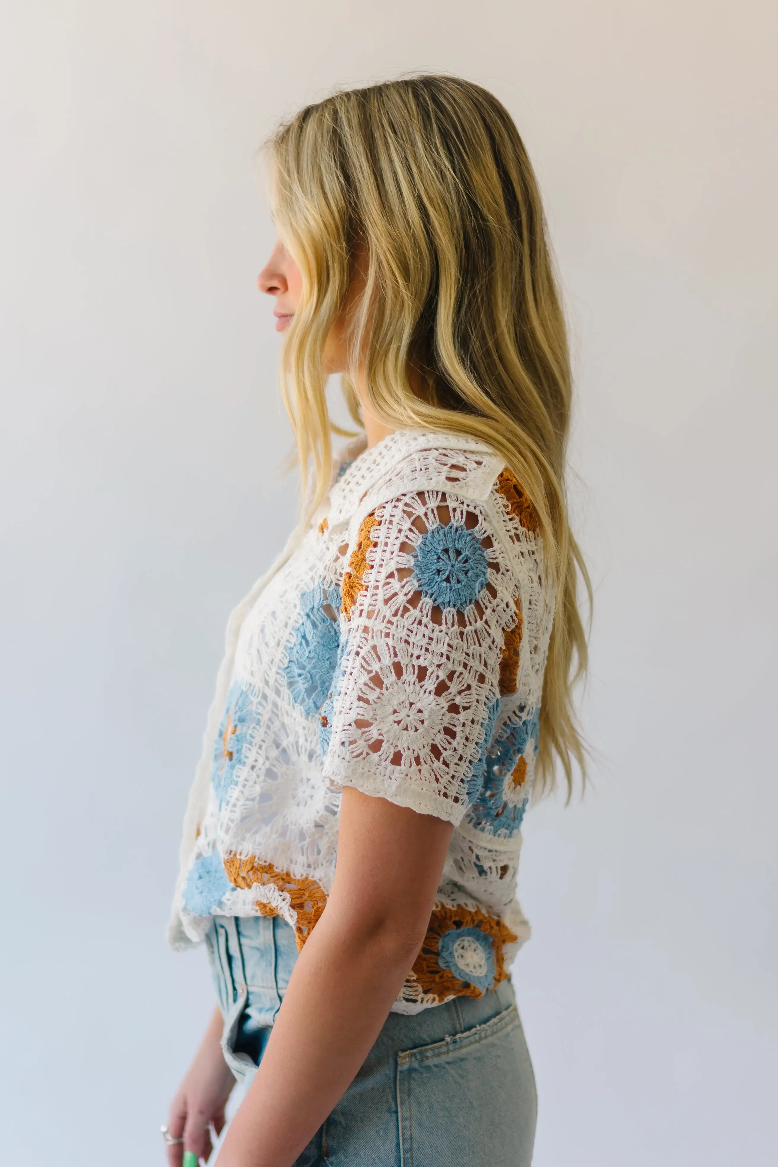 The Meldrum Button-Up Crochet Blouse in White Multi