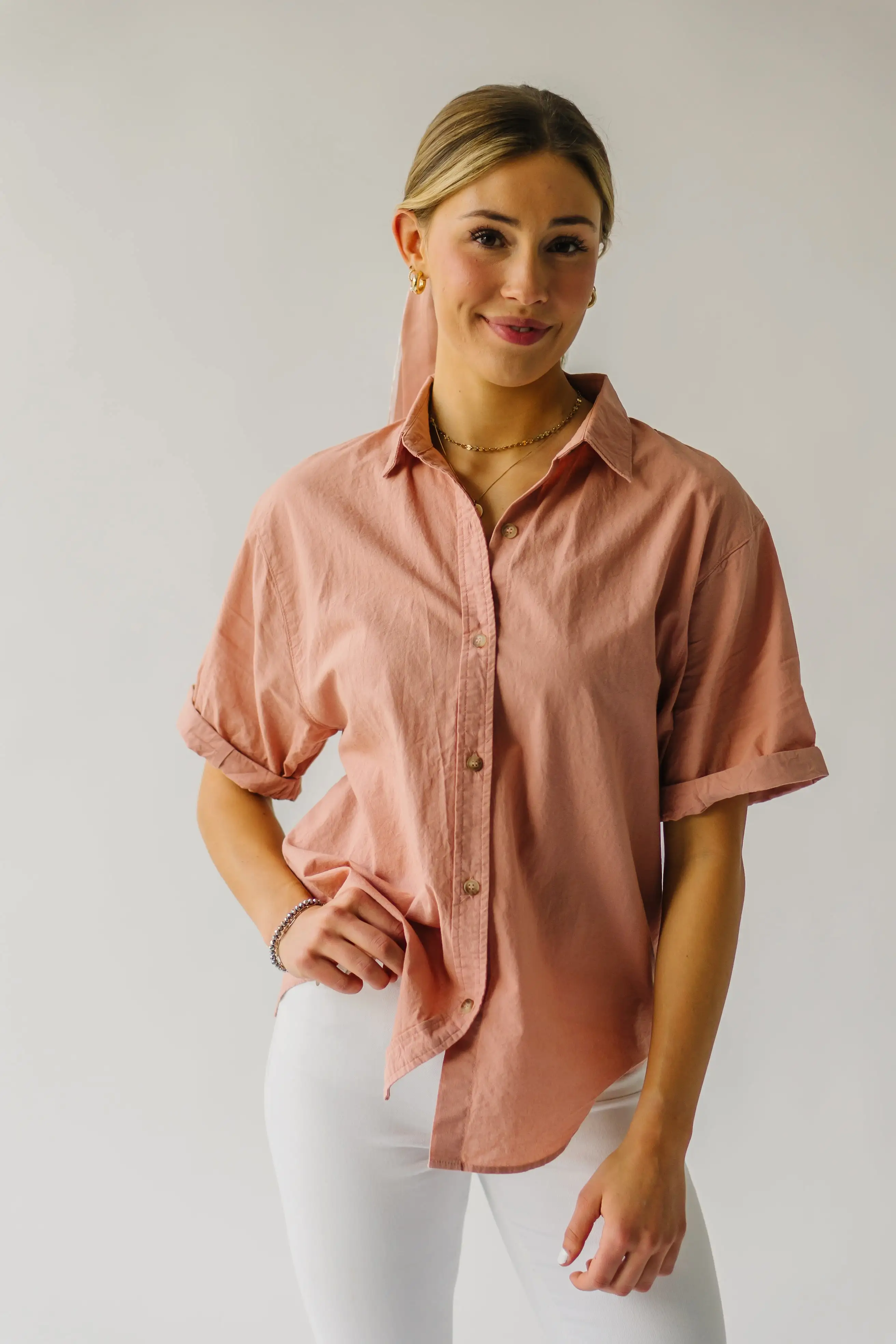 The Rosner Cuff Sleeved Button-Up Blouse in Ginger