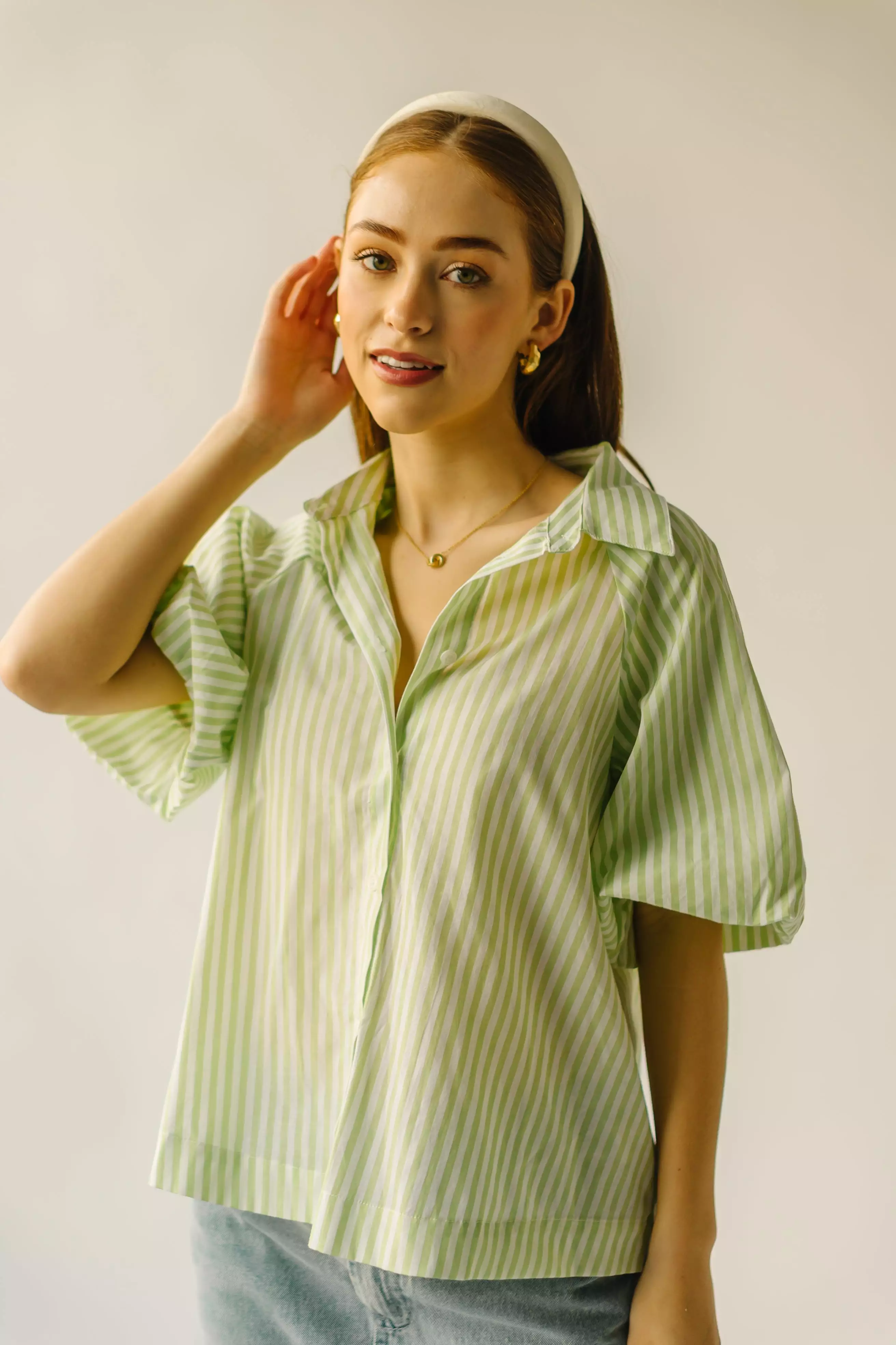 The Whipple Balloon Sleeve Button-Up Blouse in Lime Stripe