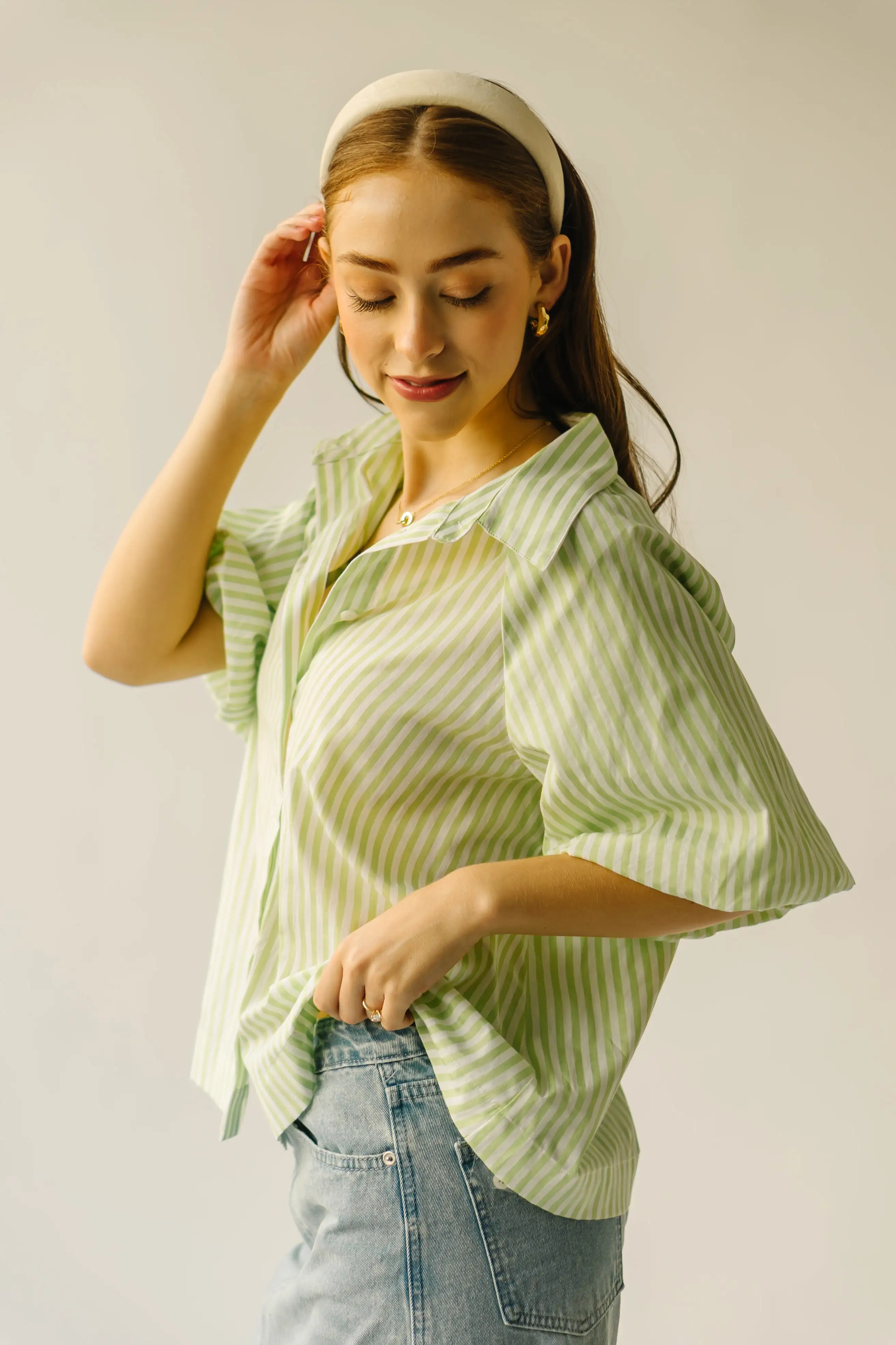 The Whipple Balloon Sleeve Button-Up Blouse in Lime Stripe