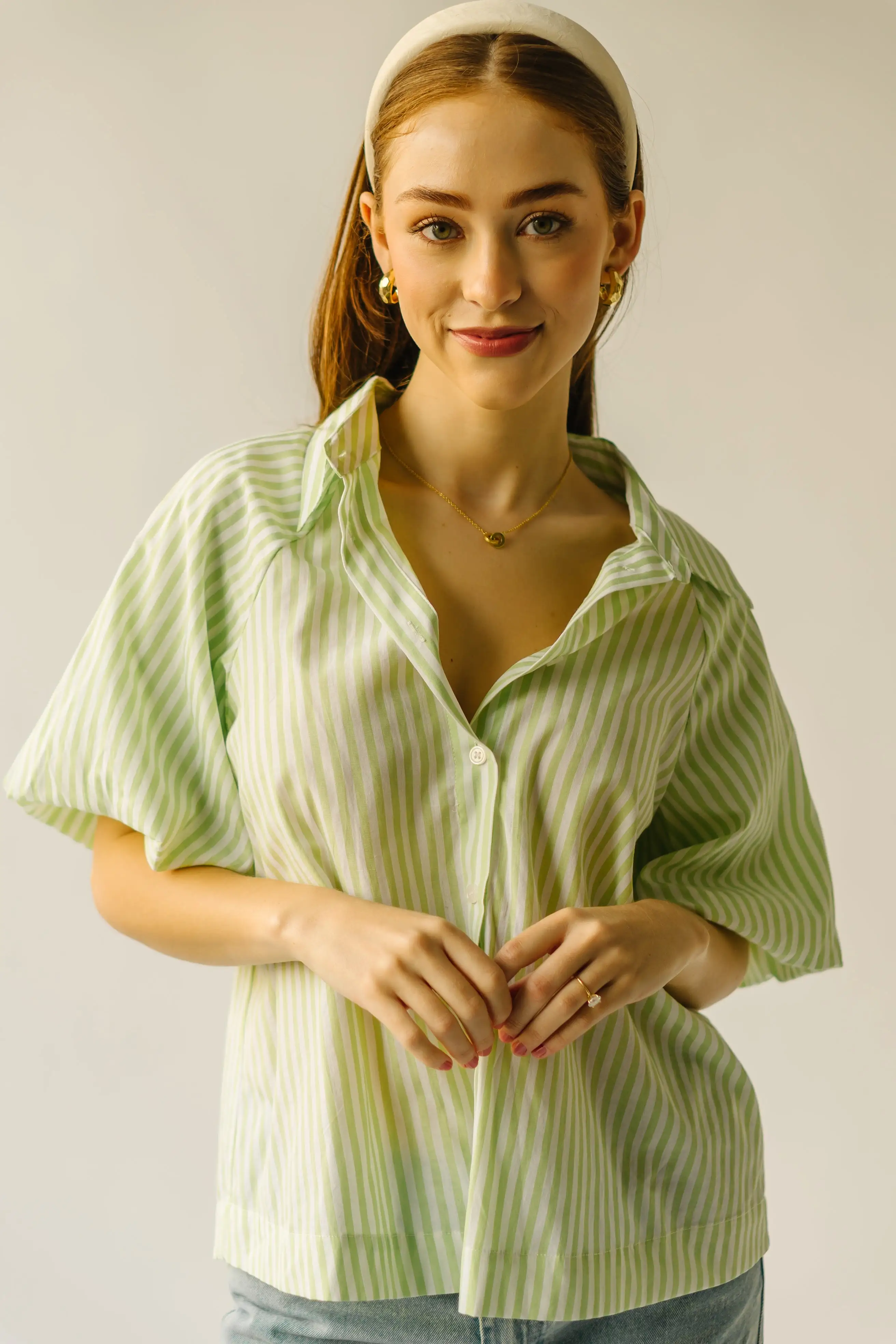 The Whipple Balloon Sleeve Button-Up Blouse in Lime Stripe