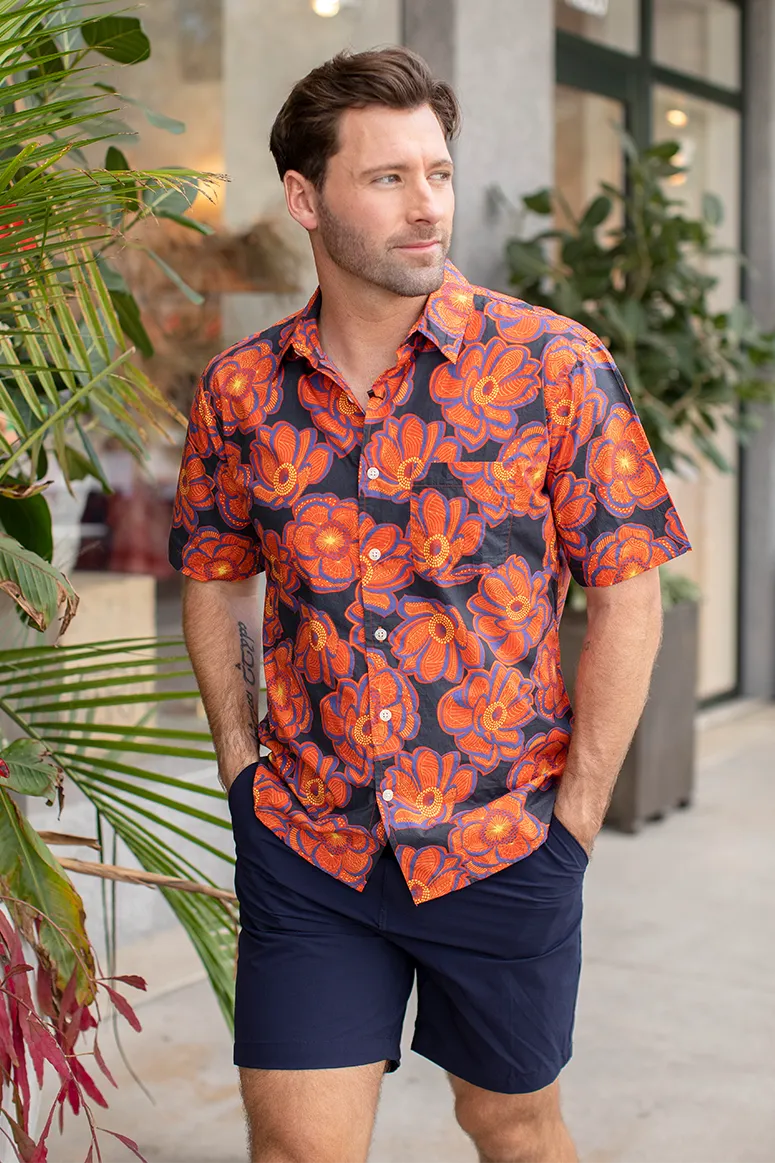 Thorsun - Short Sleeve Button Down - Orange Flower Tattoo