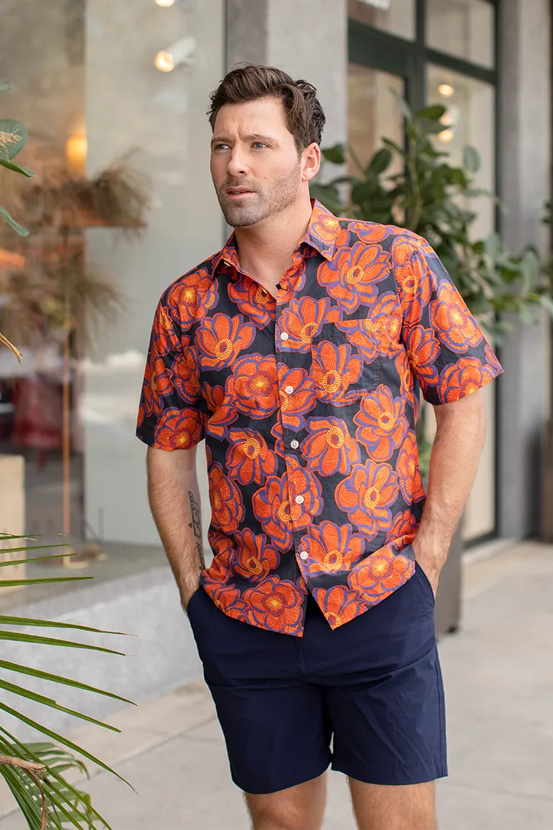 Thorsun - Short Sleeve Button Down - Orange Flower Tattoo