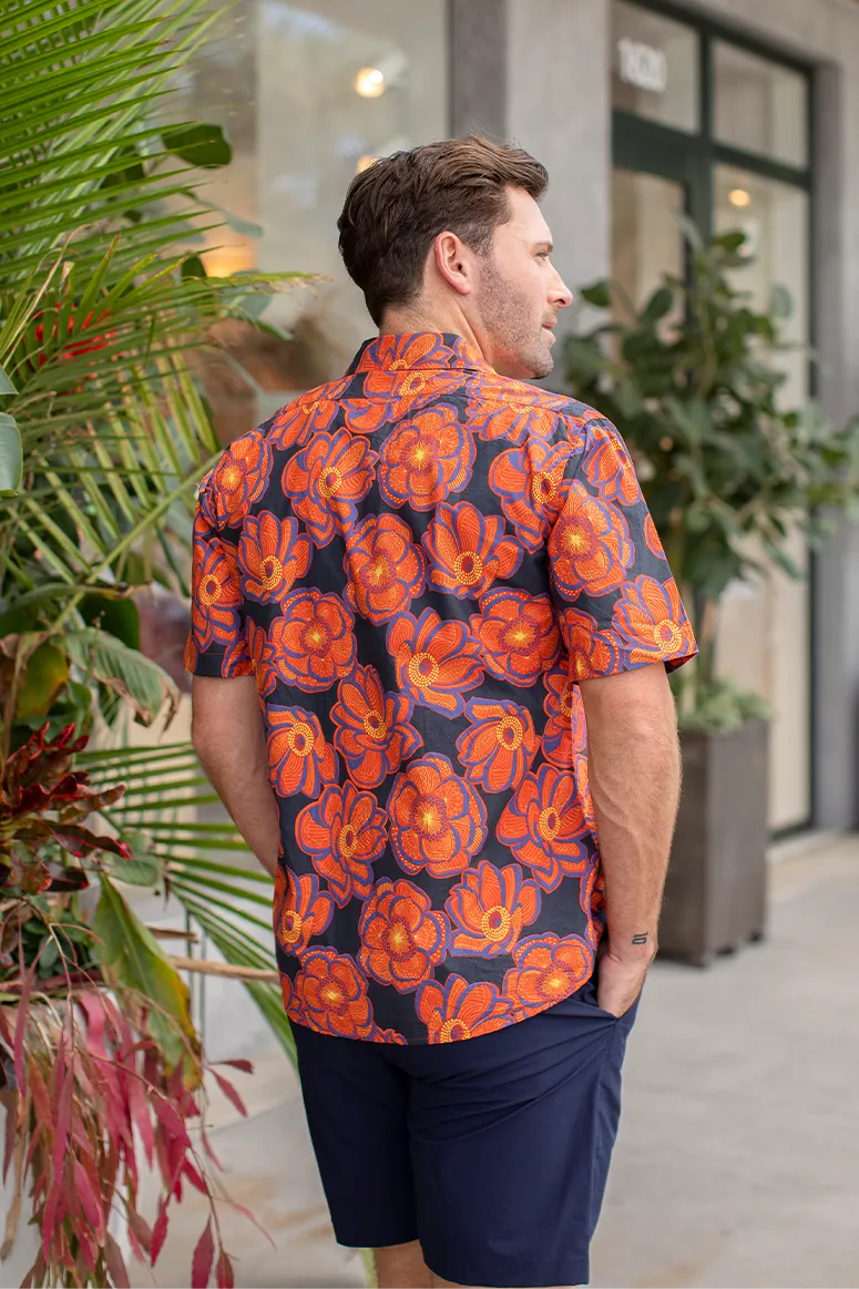 Thorsun - Short Sleeve Button Down - Orange Flower Tattoo