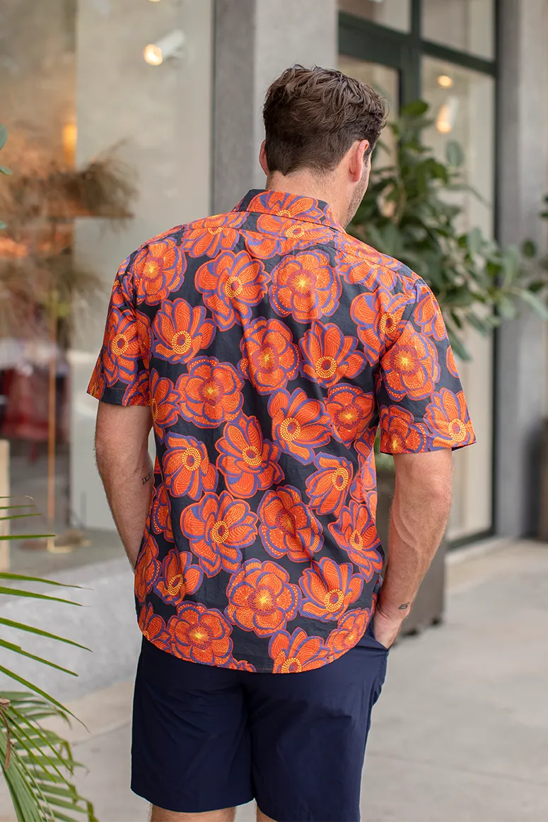 Thorsun - Short Sleeve Button Down - Orange Flower Tattoo