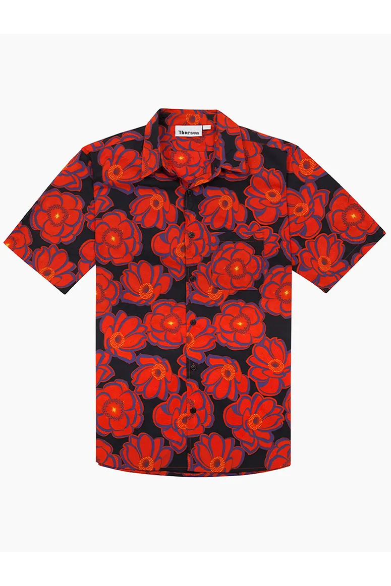 Thorsun - Short Sleeve Button Down - Orange Flower Tattoo