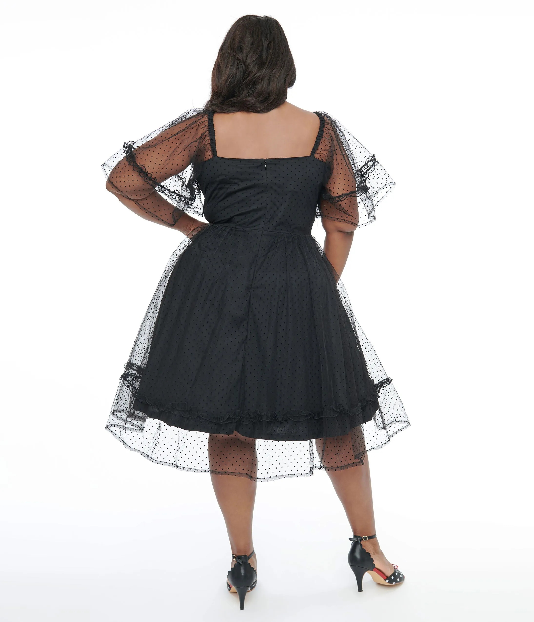 Unique Vintage Plus Size 1950s Black Ruffle Sweetheart Swing Dress