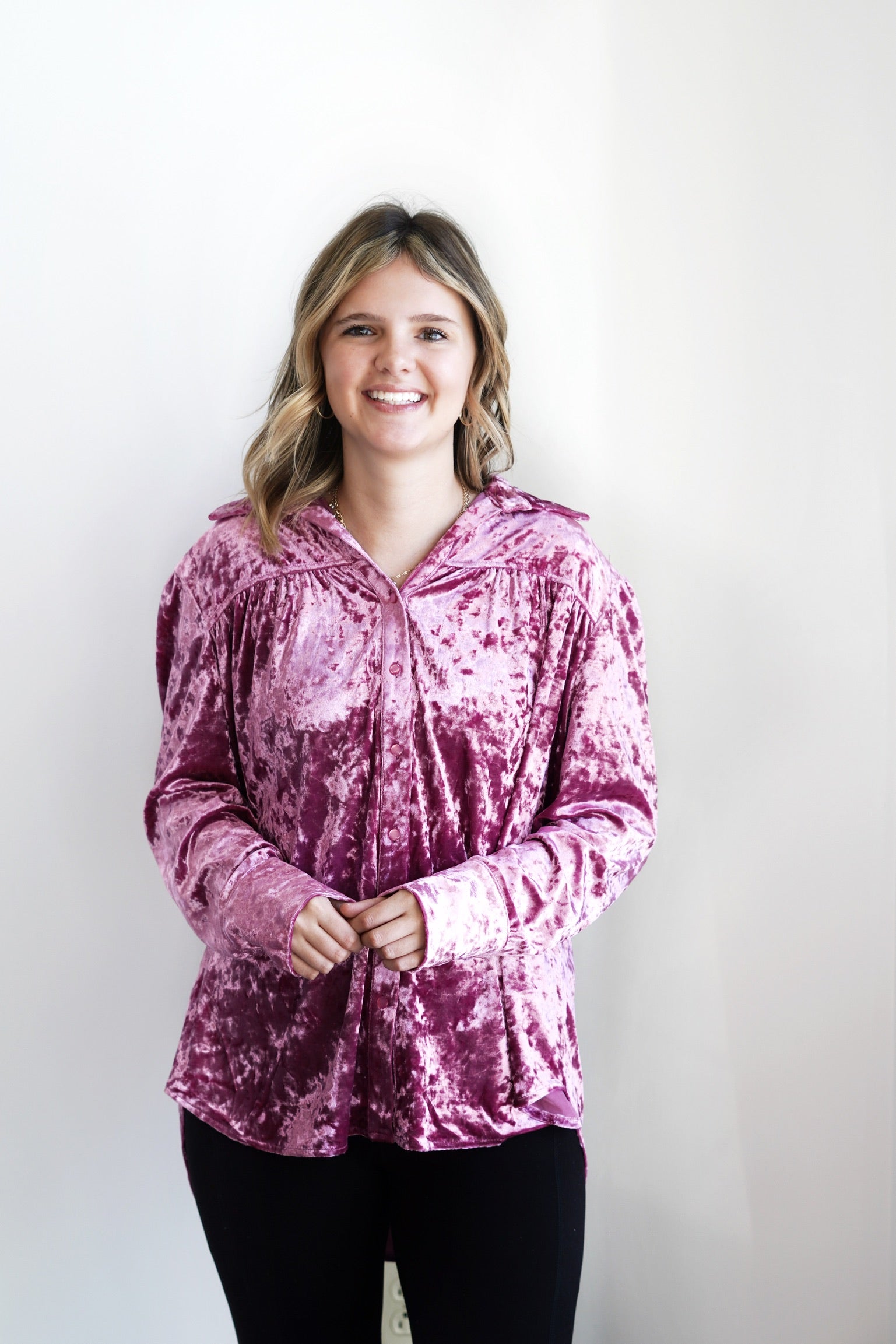 Val Velvet Fuchsia Button Down Top