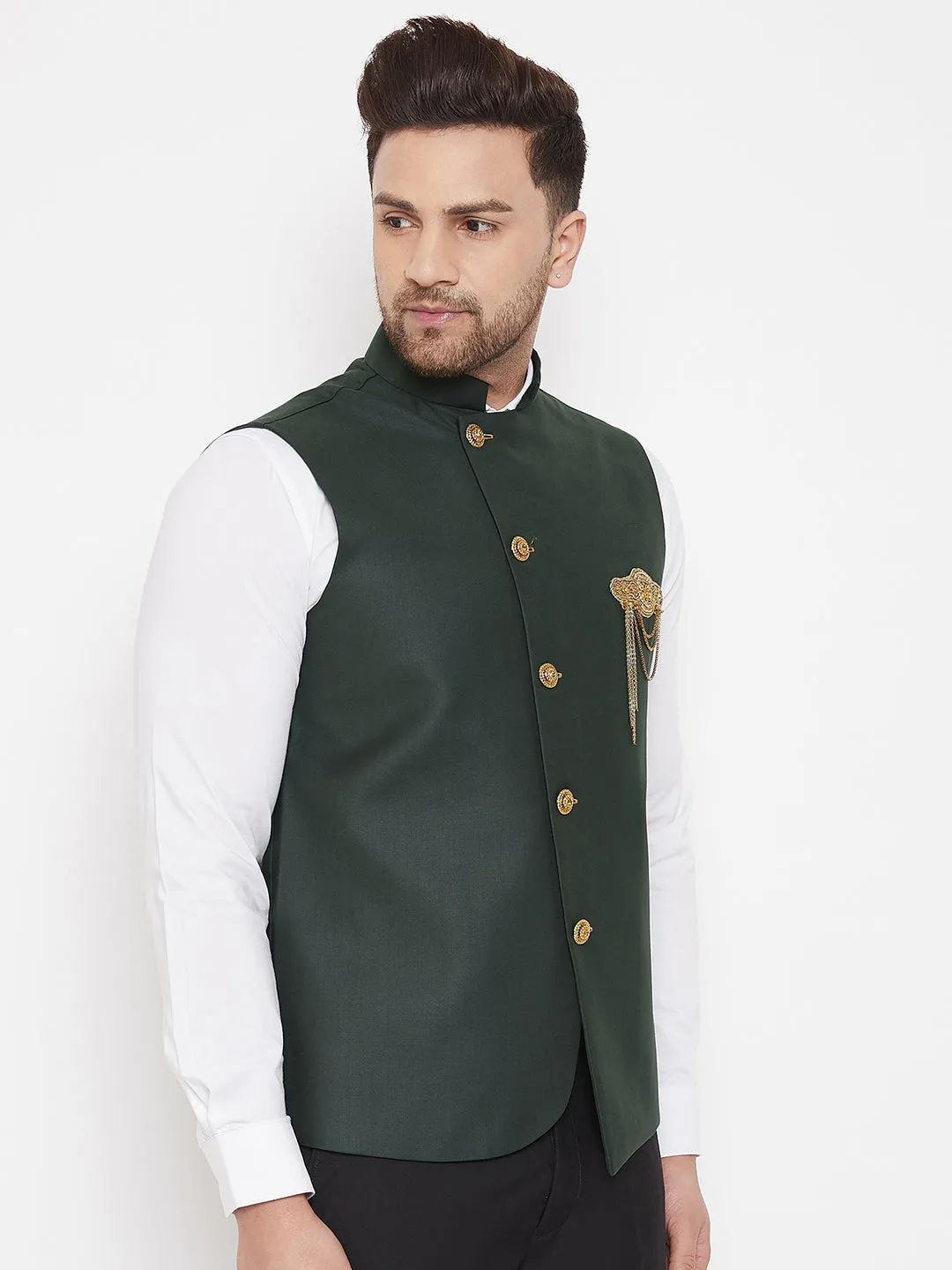 VASTRAMAY Bottle Green Solid Embellished Zardozi Nehru Jacket