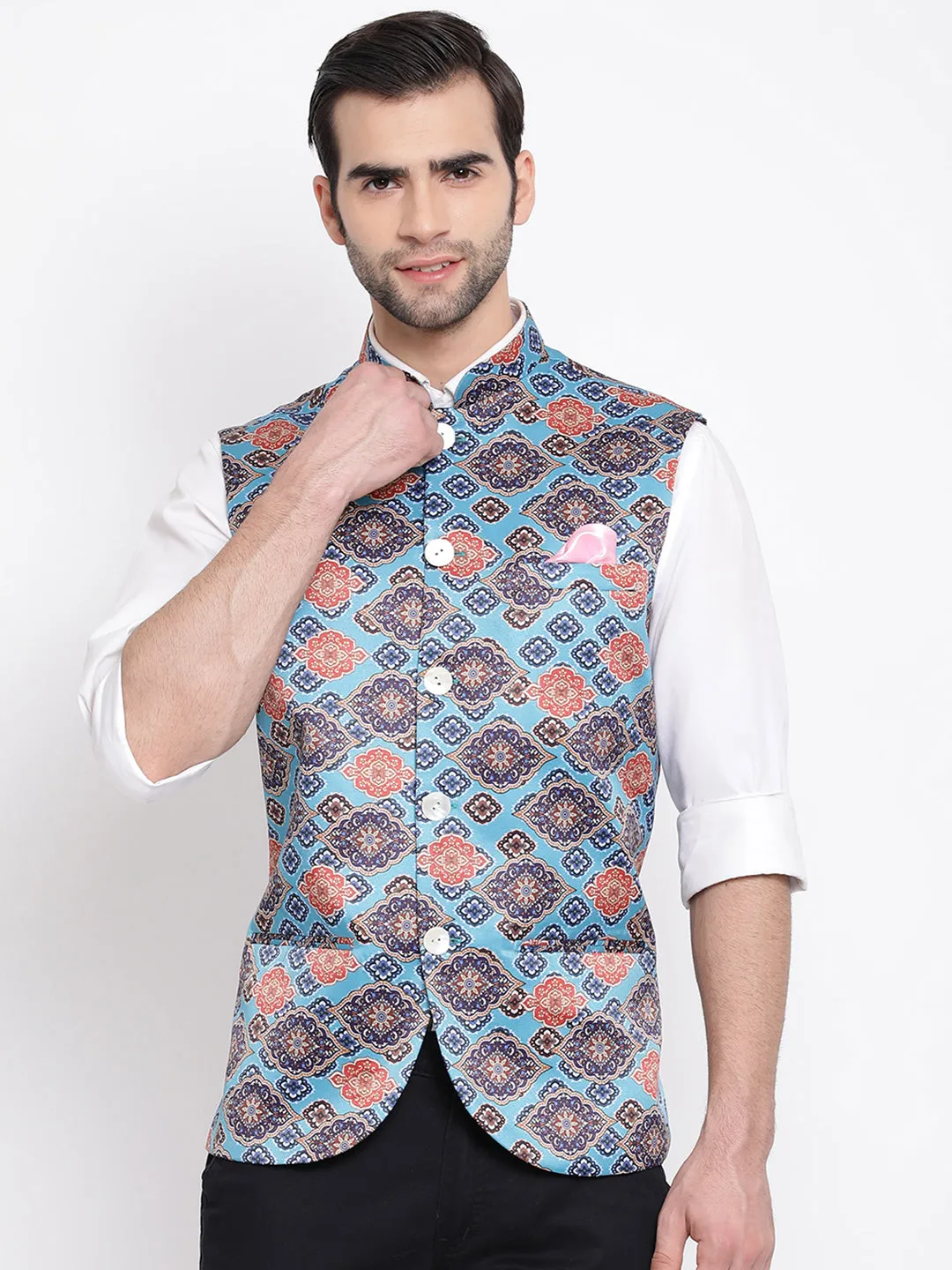 VASTRAMAY Men's Blue Digital Printed Royal Nehru Jacket