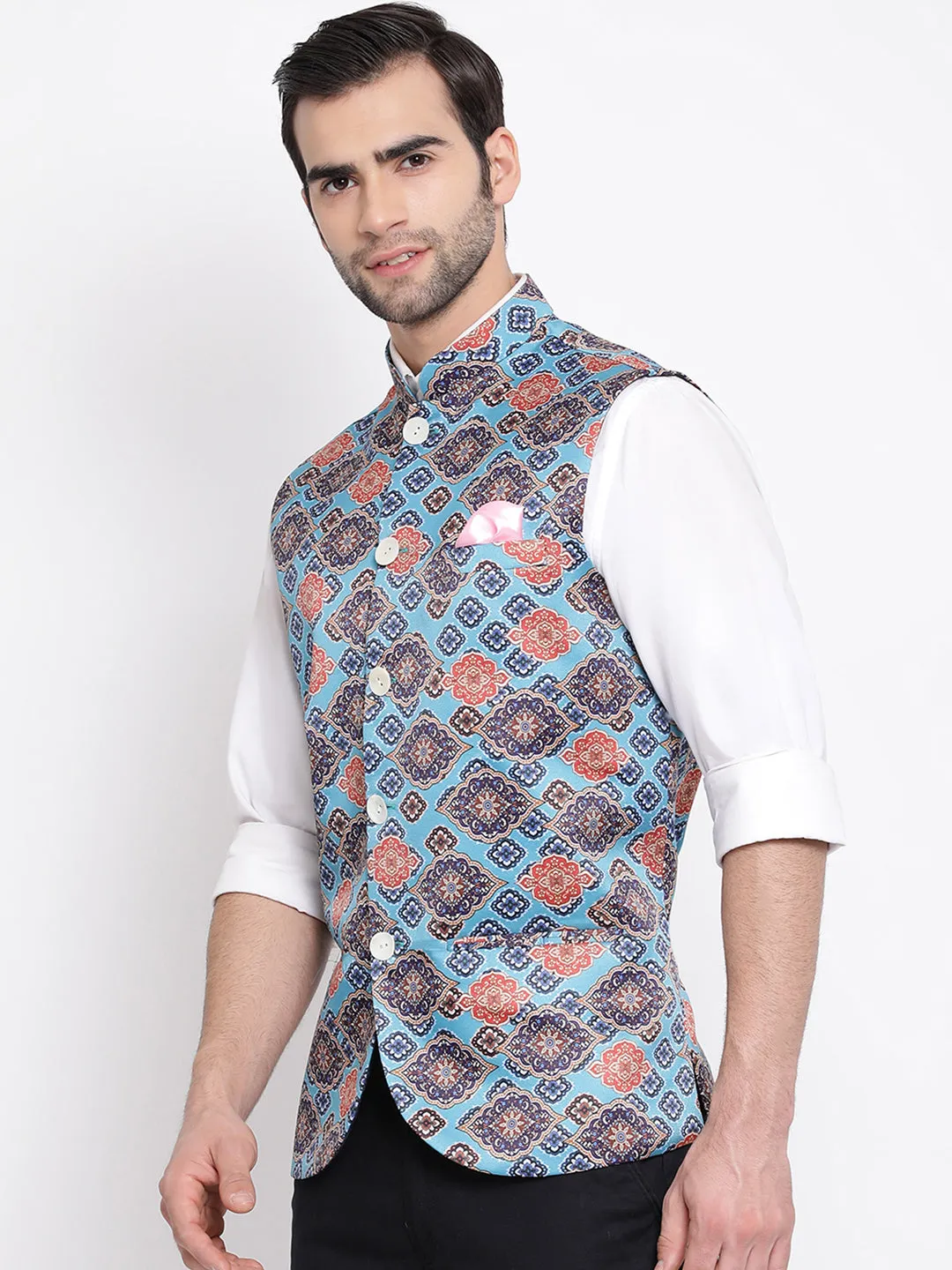 VASTRAMAY Men's Blue Digital Printed Royal Nehru Jacket