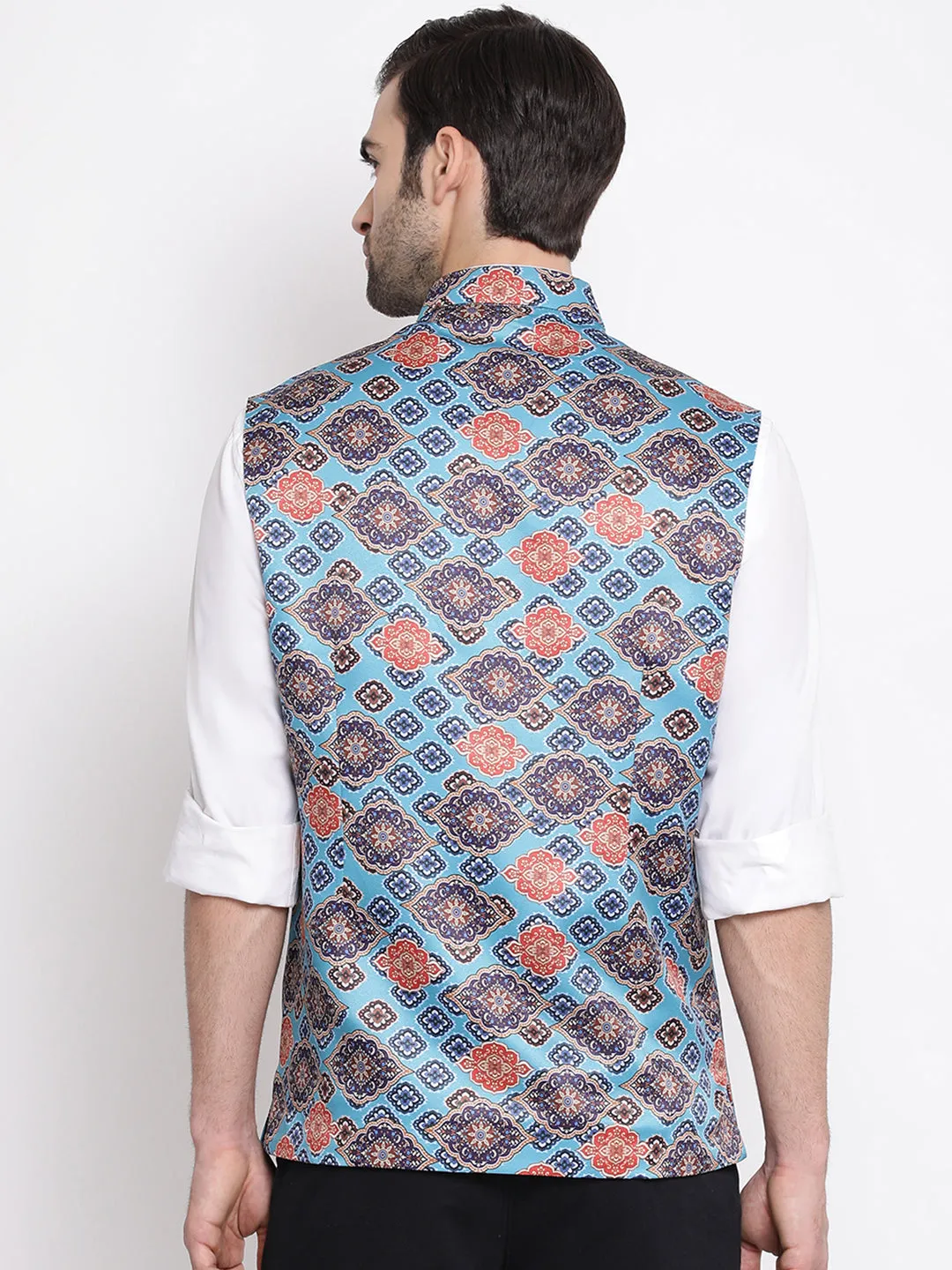 VASTRAMAY Men's Blue Digital Printed Royal Nehru Jacket